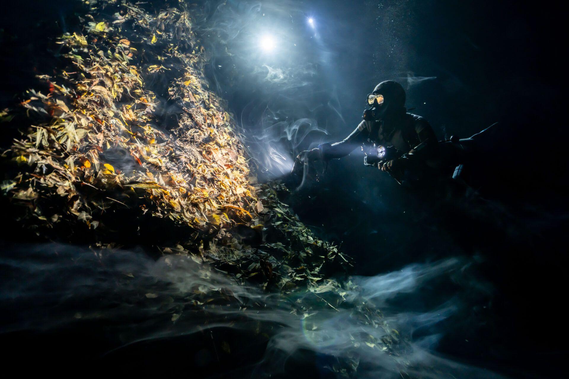 A diver deep inside Yab Yum cave in Mexico, where fallen jungle leaves have piled up underwater. As they rot, they create smoky-looking clouds in the water.