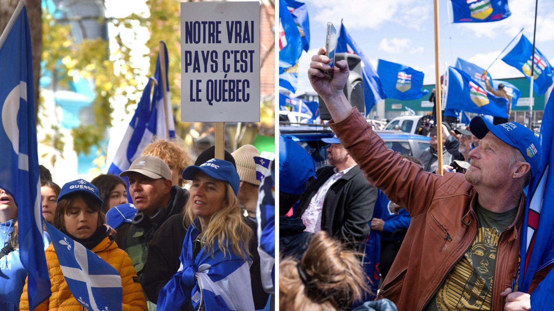 A composite images shows on the left, a rally for an independent Quebec, with a  crowd of people in blue and white Fleurs de Lys Quebec flags, one carrying a sign reading in French: "My real country is Quebec". On the right, a man in blue Republic of Alberta hat takes a selfie in front of a crowd of people waving Alberta flags.