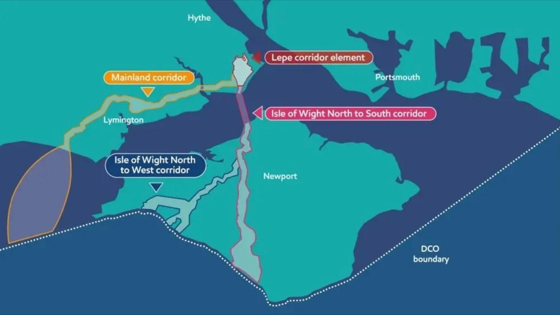 A map with a dark blue background shows the outline of Lymington, Hythe, Portsmouth and Newport in a pale green colour and the Solent going through the centre there are arrows showing where the Mainland corridor, Lepe corridor element, Isle of Wight North to West corridor and Isle of Wight North to South corridor would be, as well as showing the DCO {development consent order) boundary