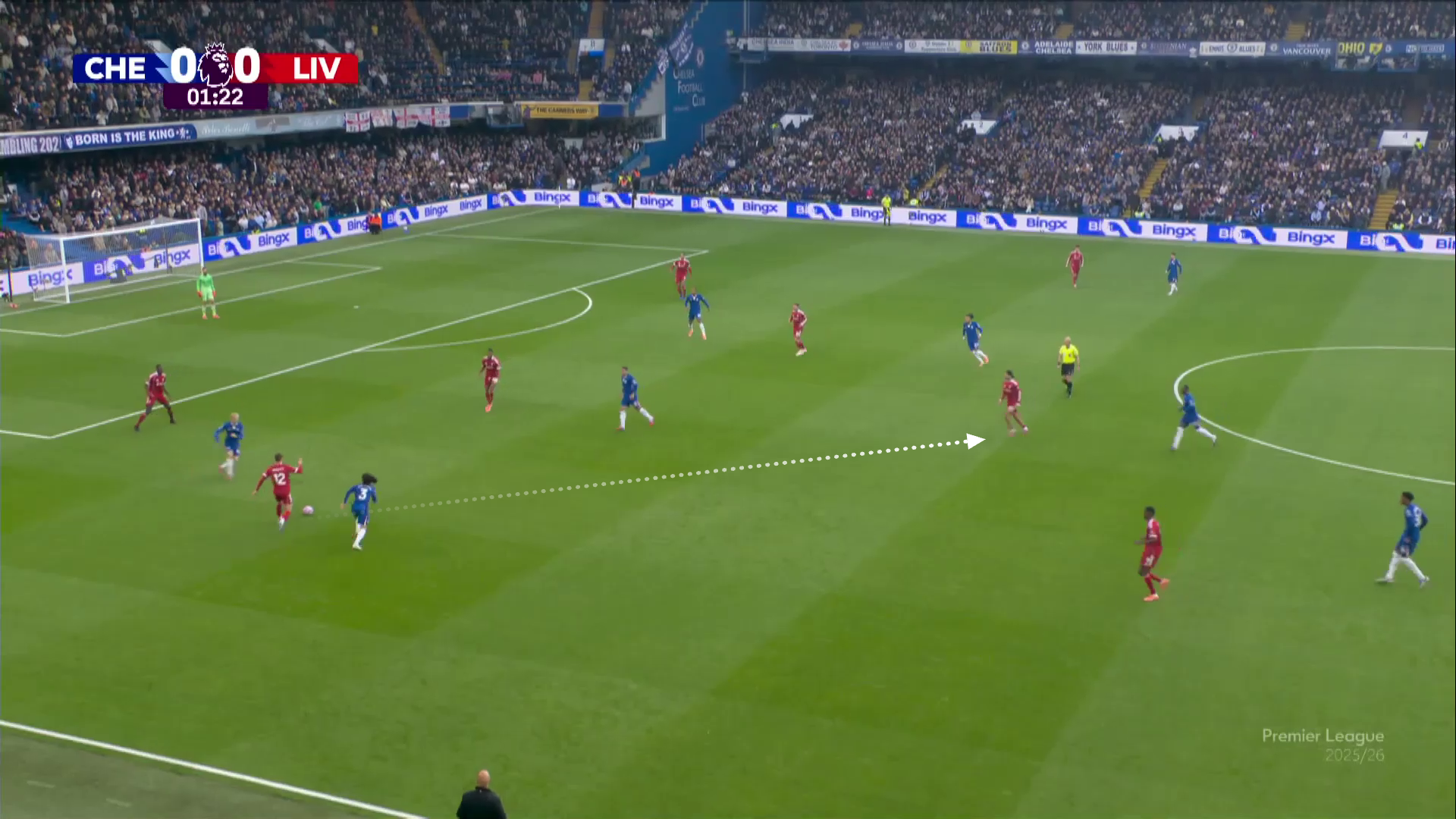 Conor Bradley wins possession in Liverpool's Premier League game against Chelsea at Stamford Bridge