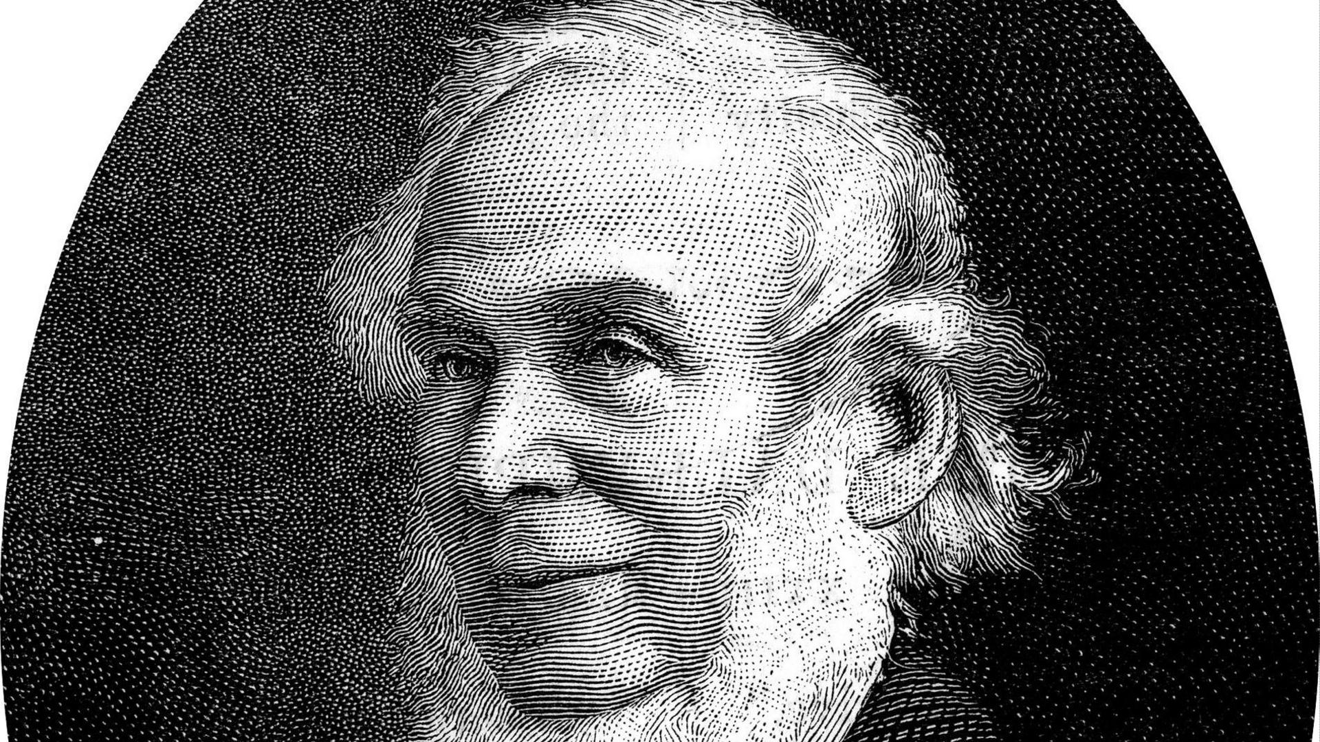 Black and white drawing of John Rylands as an elderly man with white hair and beard. He is looking and smiling in a portrait pose to the left.