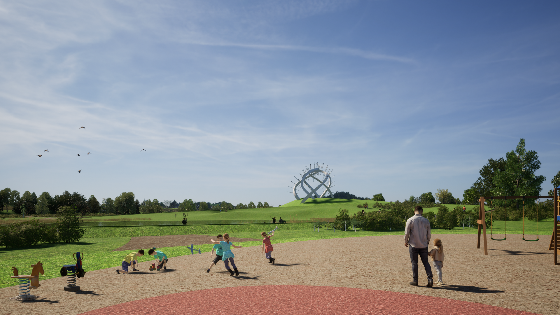 A computer generated view of the Star of Caledonia sculpture in the distance with green grass, trees and a play area in the foreground