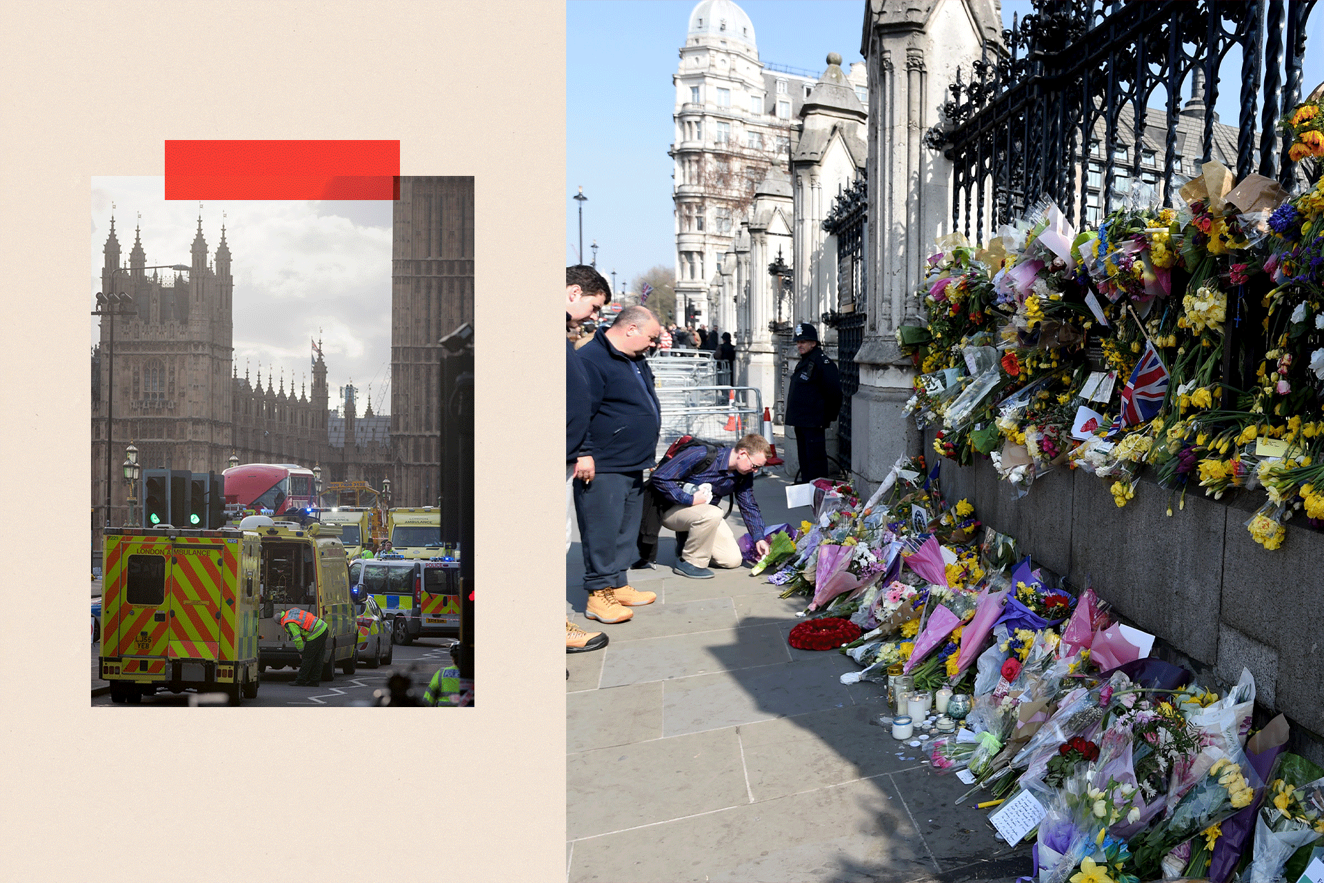 Two images showing ambulance scenes on Westminster Bridge in 2017, and another of flowers left outside the Houses of Parliament to pay tribute to the victims of Westminster terror attack