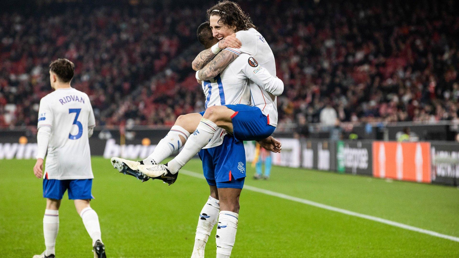 Rangers' Dujon Sterling celebrates with Fabio Silva during the Europa League clash with Benfica.