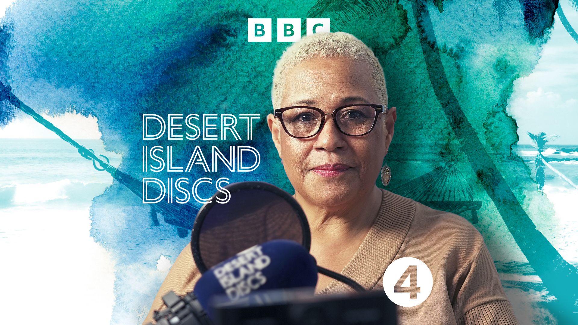 Mina Smallman next to the Desert Island Discs logo and microphone