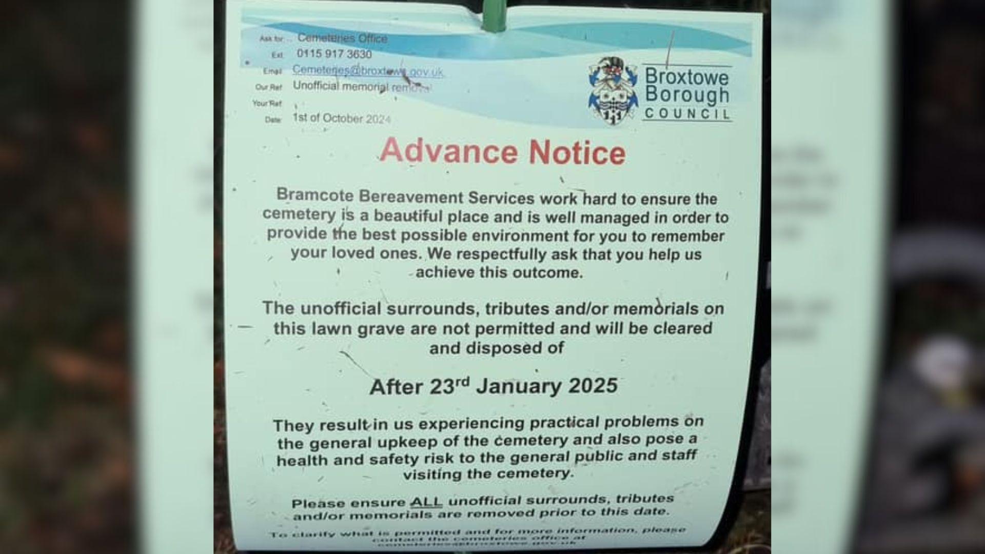 A notice advising people that unofficial mementos will be removed from Chilwell Cemetery after 23 January 2025