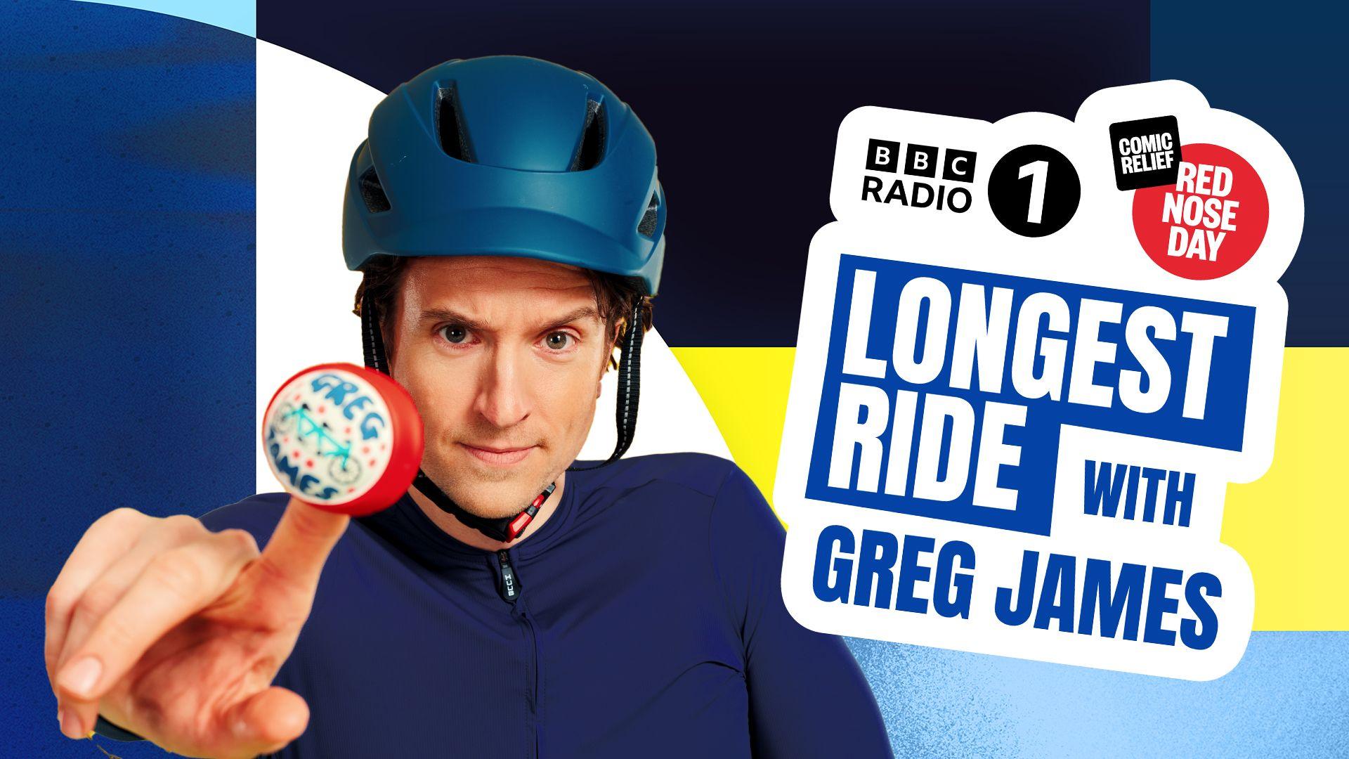 Greg James holding up customised red nose with the words 'longest ride with Greg James' next to him