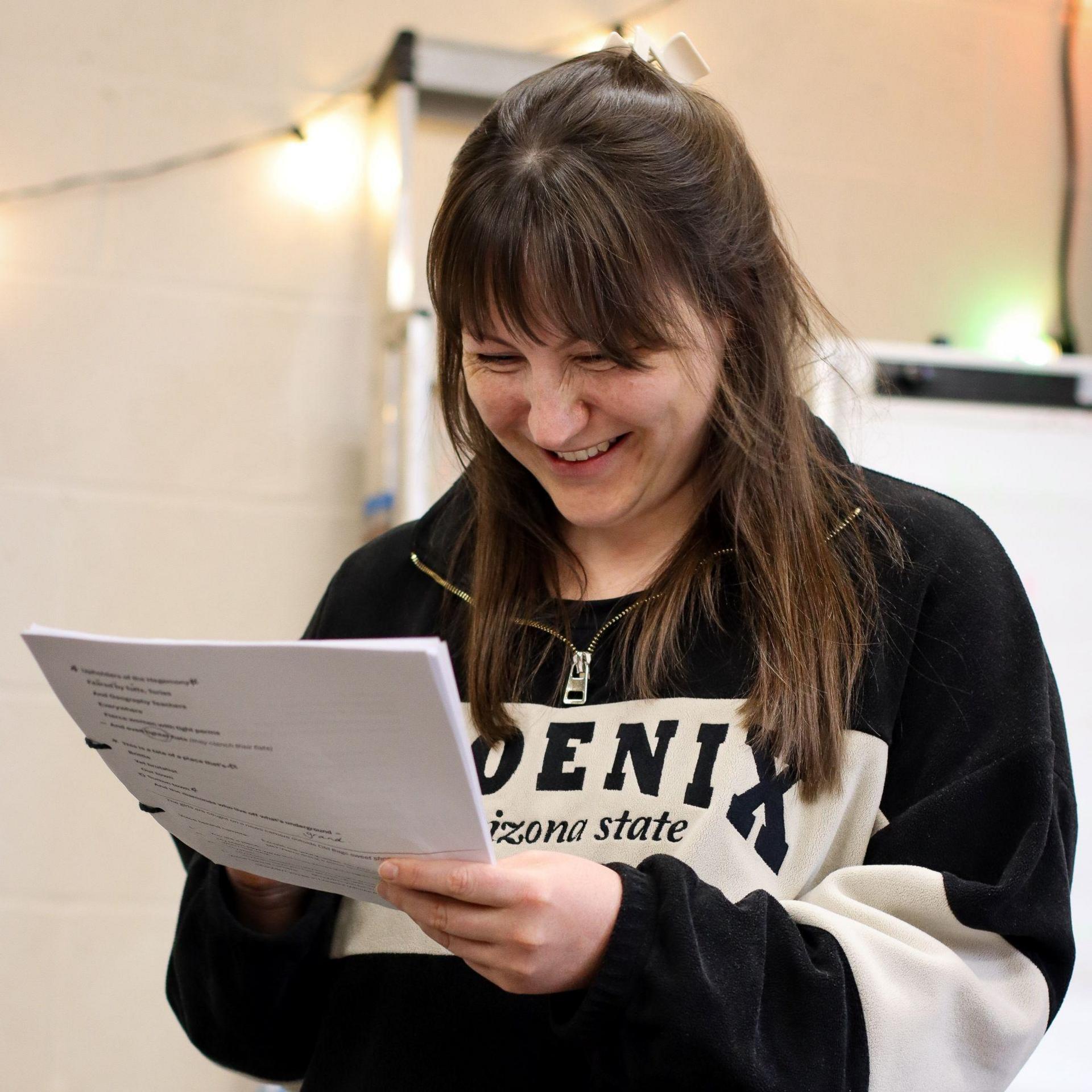 Abigail Pidgeon reading the script durind rehearsals