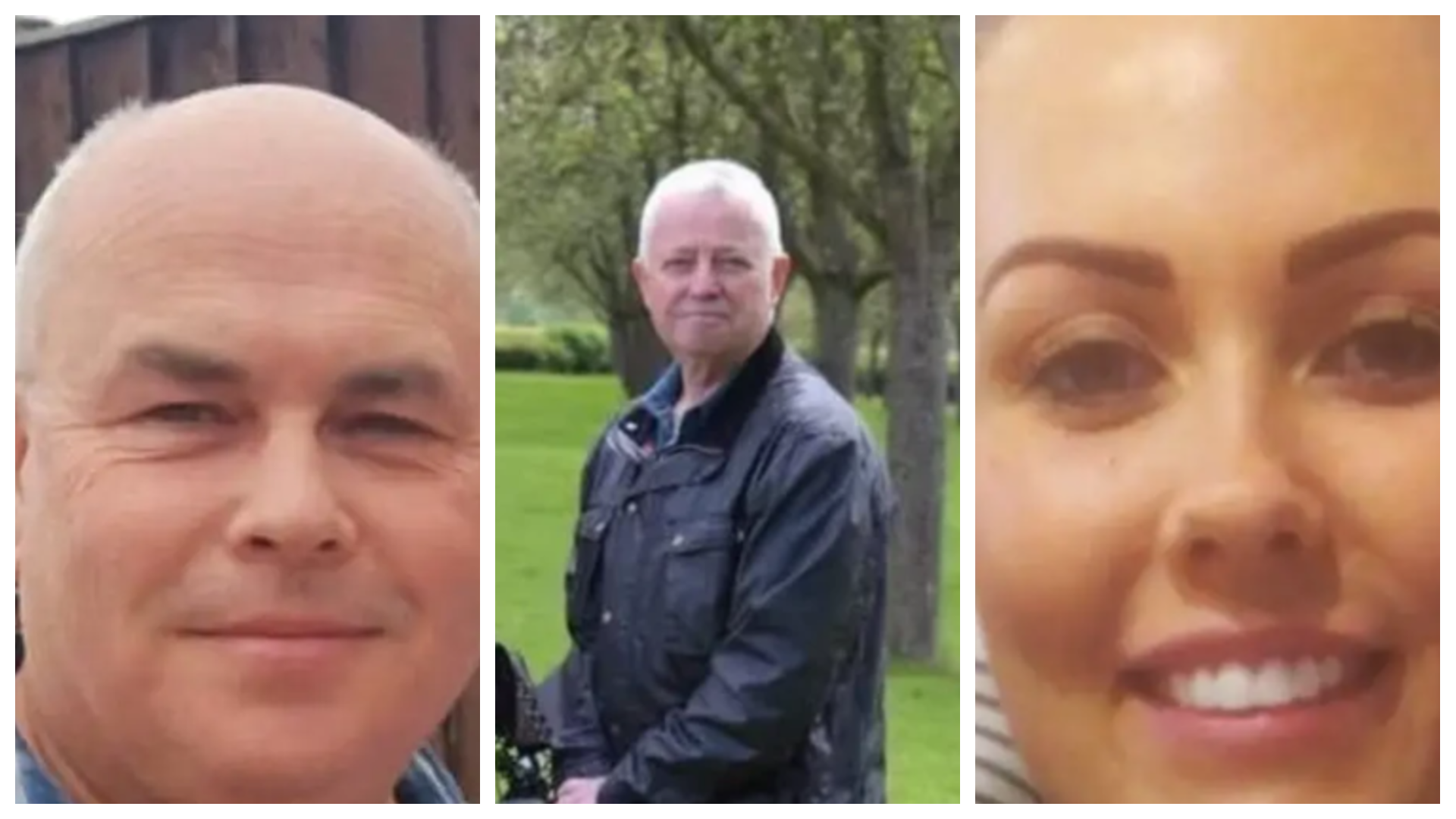A split image showing David Morgan on the right wearing a blue checked shirt in his garden, Jeremy Daw in the centre in a black jacket with white hair and Tammy Minshall on the right.