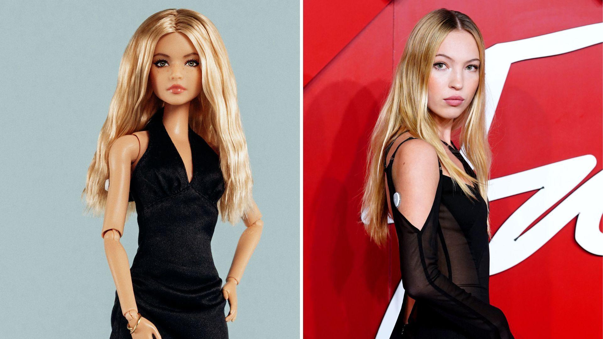 Composite image with a publicity shot of a one-off Barbie doll of Lila Moss with long blonde hair wearing a black top and shorts. It is next to a real-life image of Lila wearing a similar black outfit.