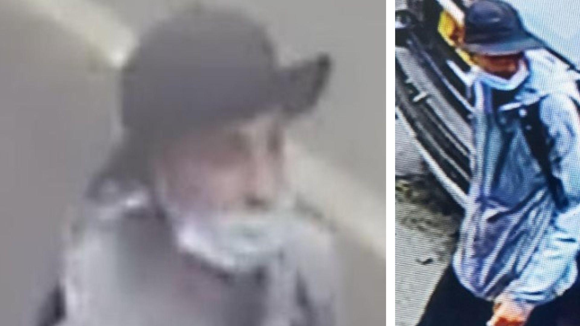 A composite of two grainy CCTV pictures showing a male in a light jacket and hat with a brim. His facial features are not clear, and he appears to have a surgical mask over his mouth.