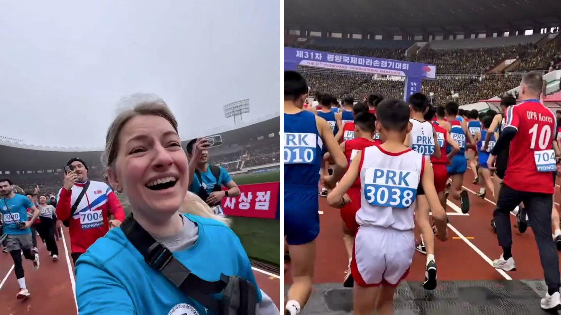 Composite image of Julia Chernogorova running the marathon in Pyongyang and a shot of the back of other runners