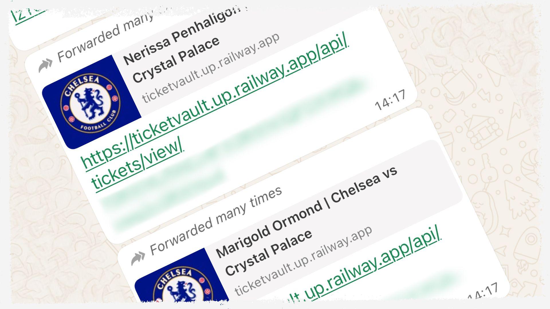 Two tickets from a WhatsApp conversation. They each have links to download the tickets and bear the names 'Nerissa Penhaligon' and 'Marigold Ormond'.
