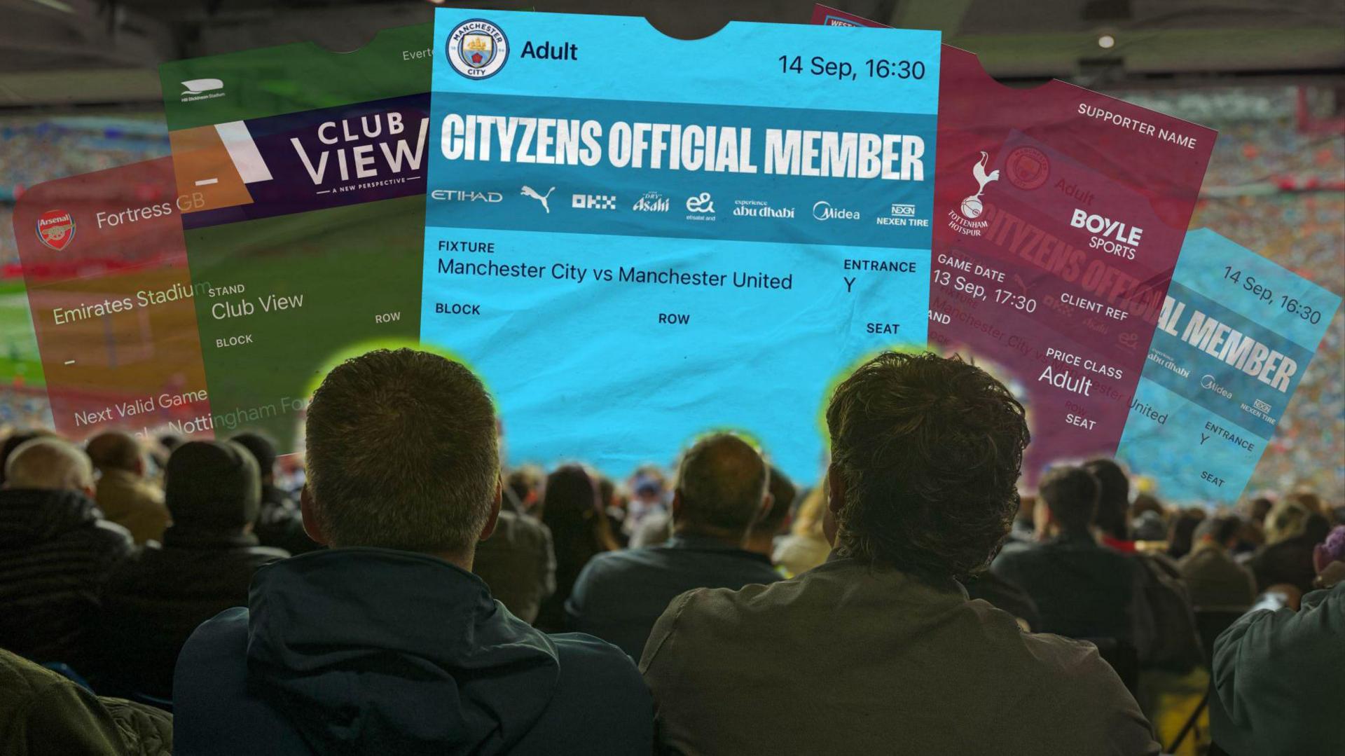 A group of fans are sitting in the stands at a football watch, in front of them are a number of large scale tickets for Manchester City, Everton, West Ham, and Arsenal