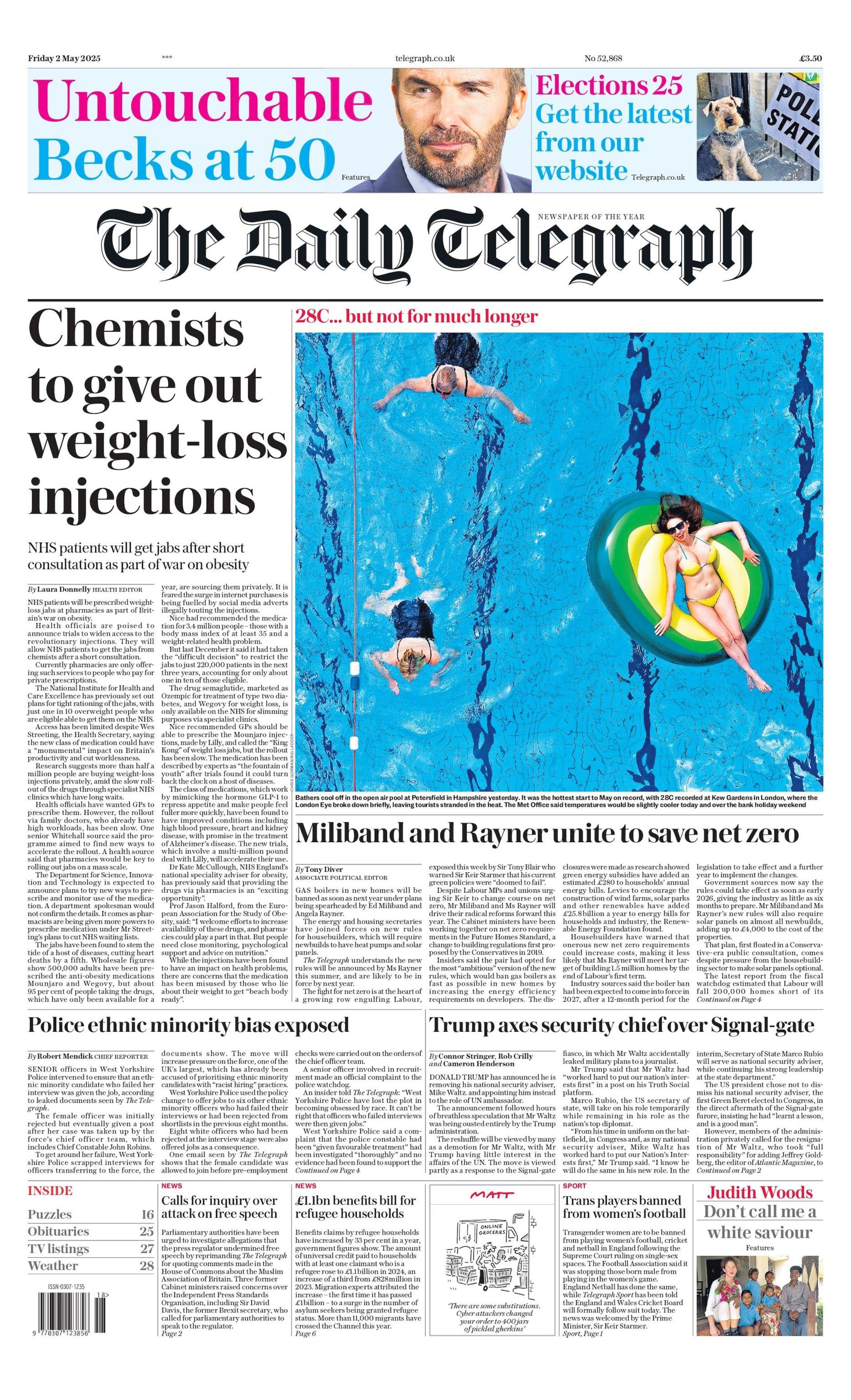 The headline on the front page of The Daily Telegraph reads "chemists to give out weight-loss injections."