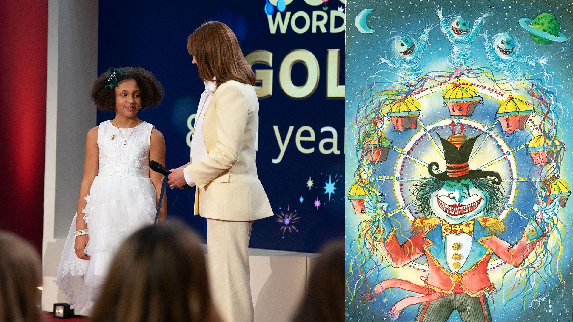 Maya stands next to Alex Jones on stage. She is smiling in a white dress. On the left of the image is the illustration of a ringmaster with a carousel between his hands made of lots of coloured strings. 