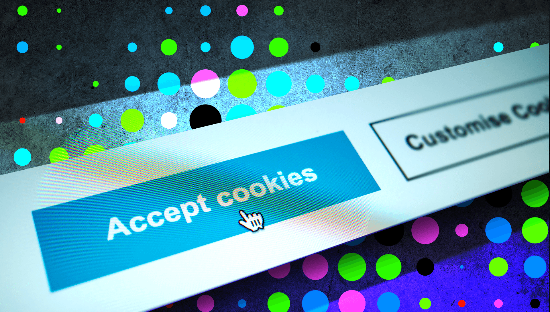 A graphic showing a cursor hovering over a button saying "accept cookies".