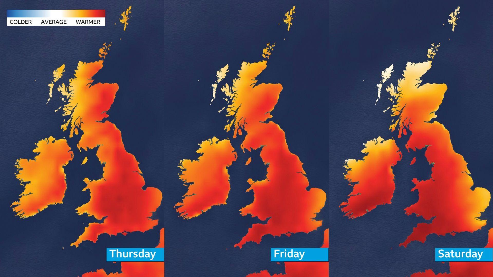 Three temperature anomaly maps of the UK with changing shades of red indicating the spreading of heat from the east westwards and northwards