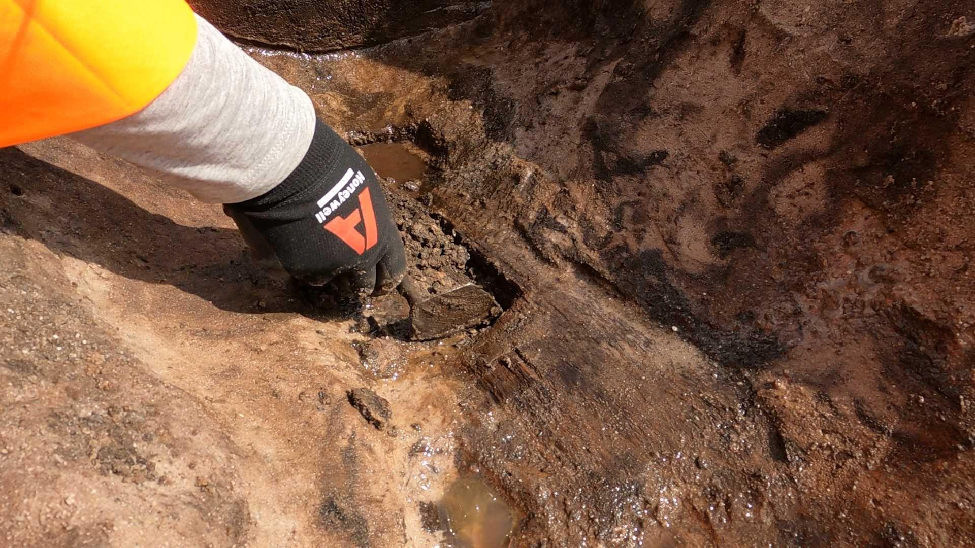 Archaeologist's hand in a black glove, with a grey and orange jumper sleeve digging in a wet muddy hole, parts of the wooden spade can be seen looking like a tree root.