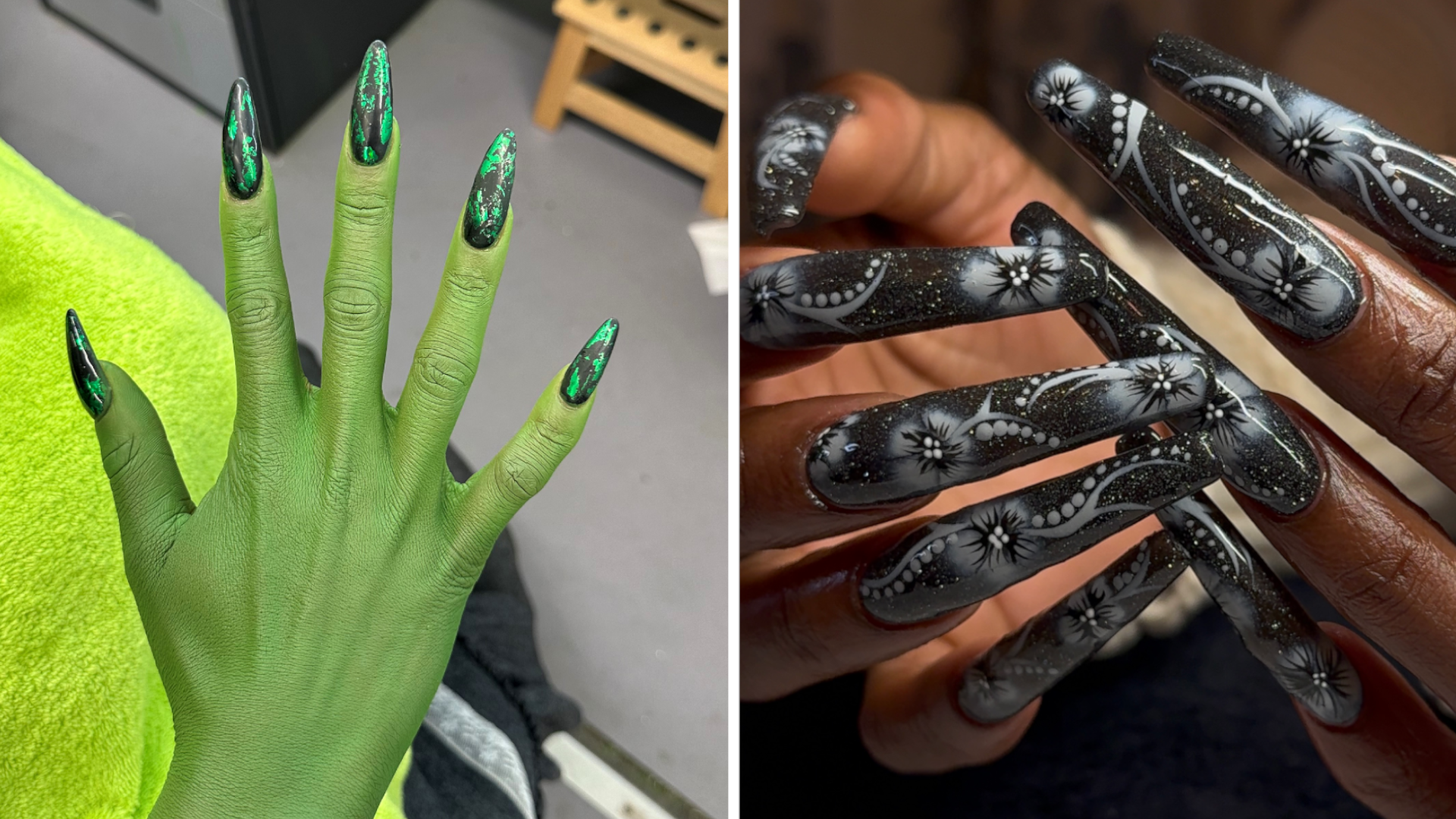 Two pictures side by side. On the left are the nails created for Cynthia Erivo, which are long and pointy and are painted black with green foil. On the right are Cynthia Erivo's hands and nails, which are black with a white blooming flowers design.