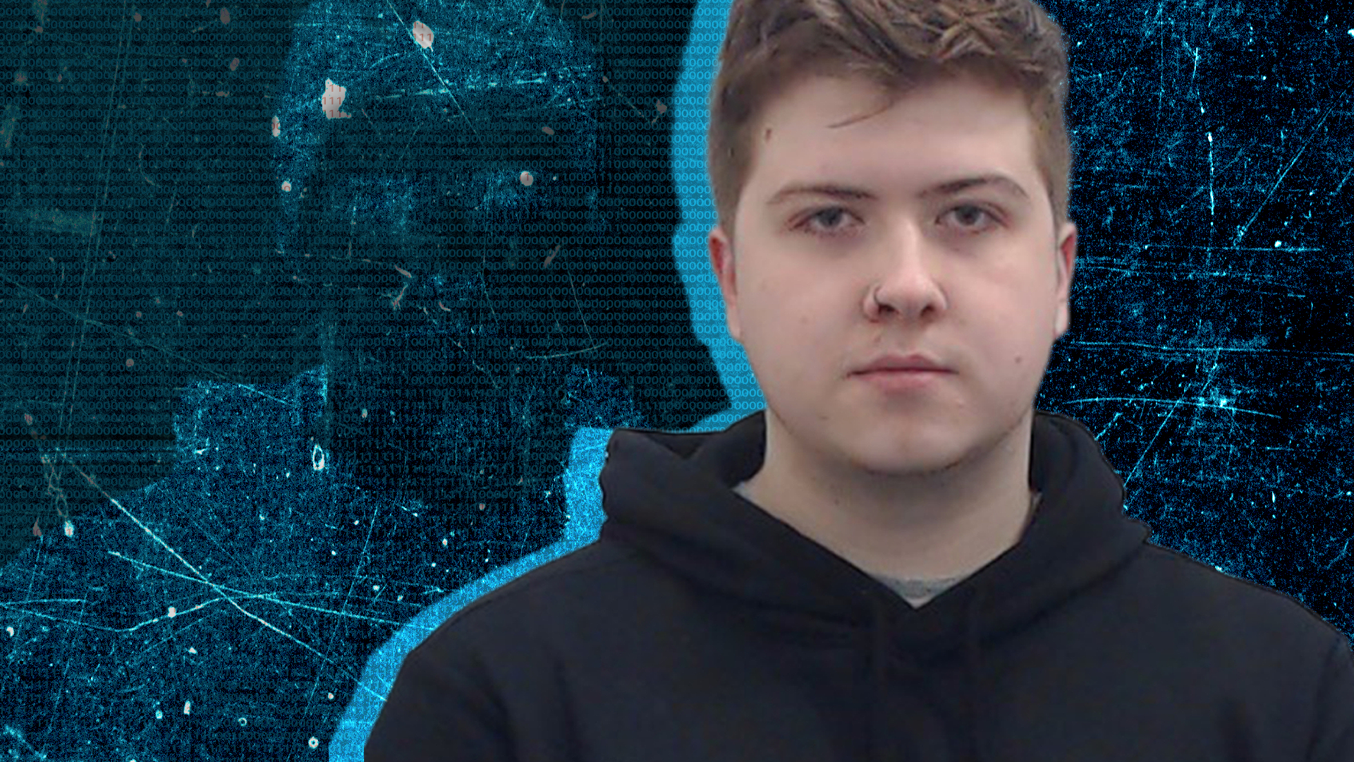 A mugshot of Max Hollingsbee is superimposed onto a graphic comprised of blue zero and one binary code numbers on a black background. Hollingsbee is a young man with wavy brown hair