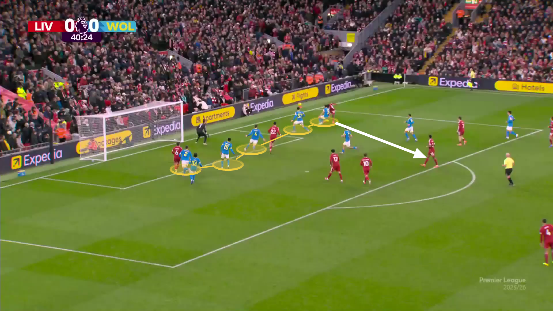 Screengrab from Liverpool vs Wolves indicating Frimpong's assist for Gravenberch's opener