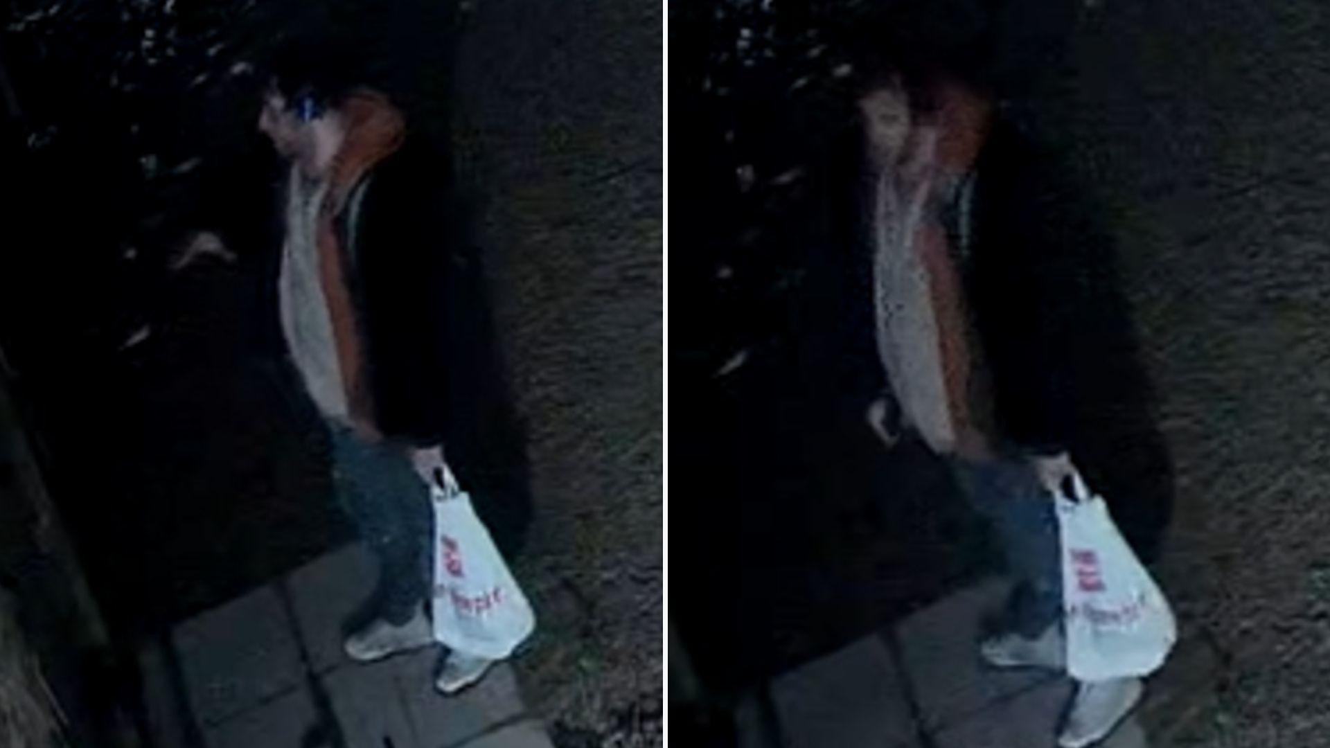 Two more CCTV images of the man police want to trace. In these photos, he can be seen carrying a white carrier bag. His blue jeans and cream t-shirt are also visible.