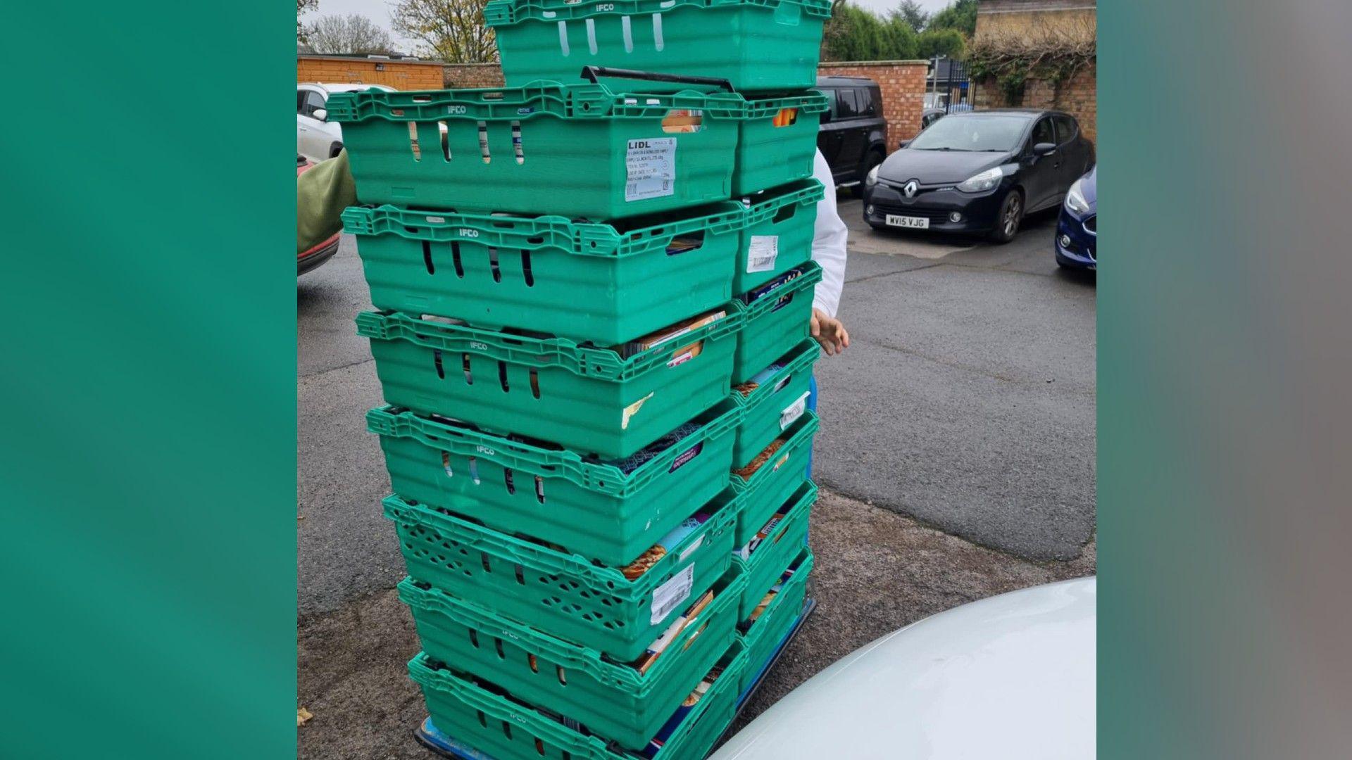 A stack of green crates 