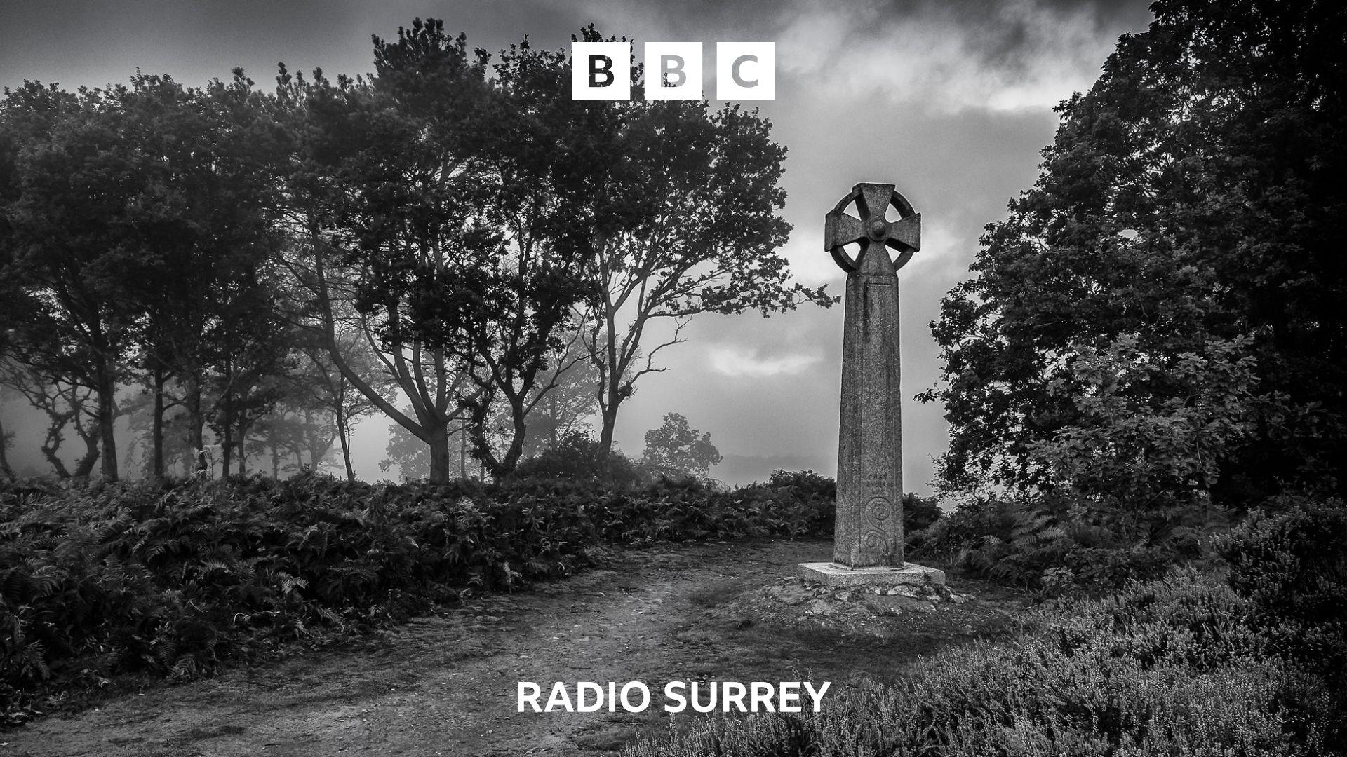 A stone monument stands on the top of a hill. Tree's surround the monument which has a round cross at the top. the image in black and white and rather gloomy.