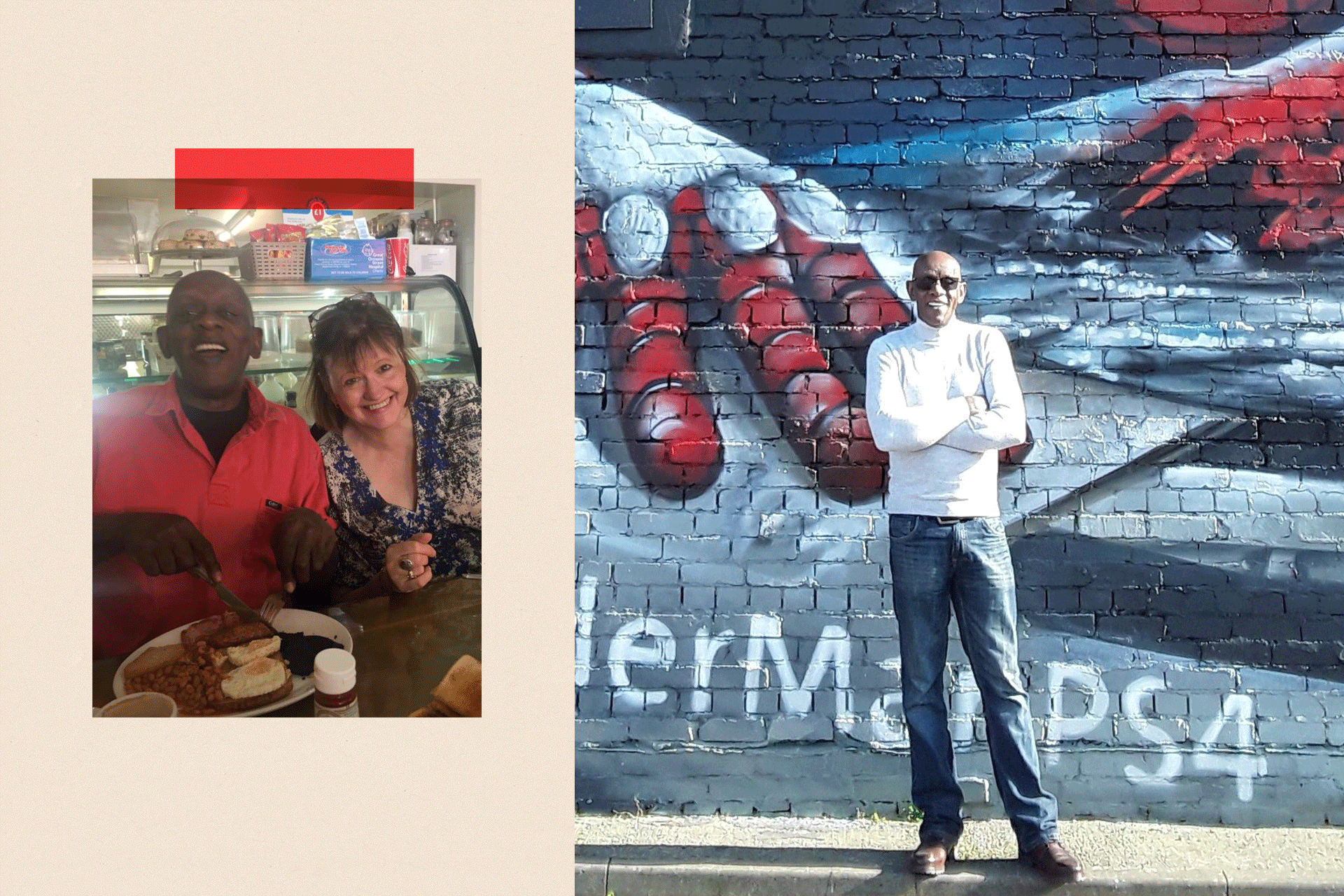 On the left a image of Terry Leader and  Gillian Holtom and on the right, Terry poses for a picture in front of a large mural