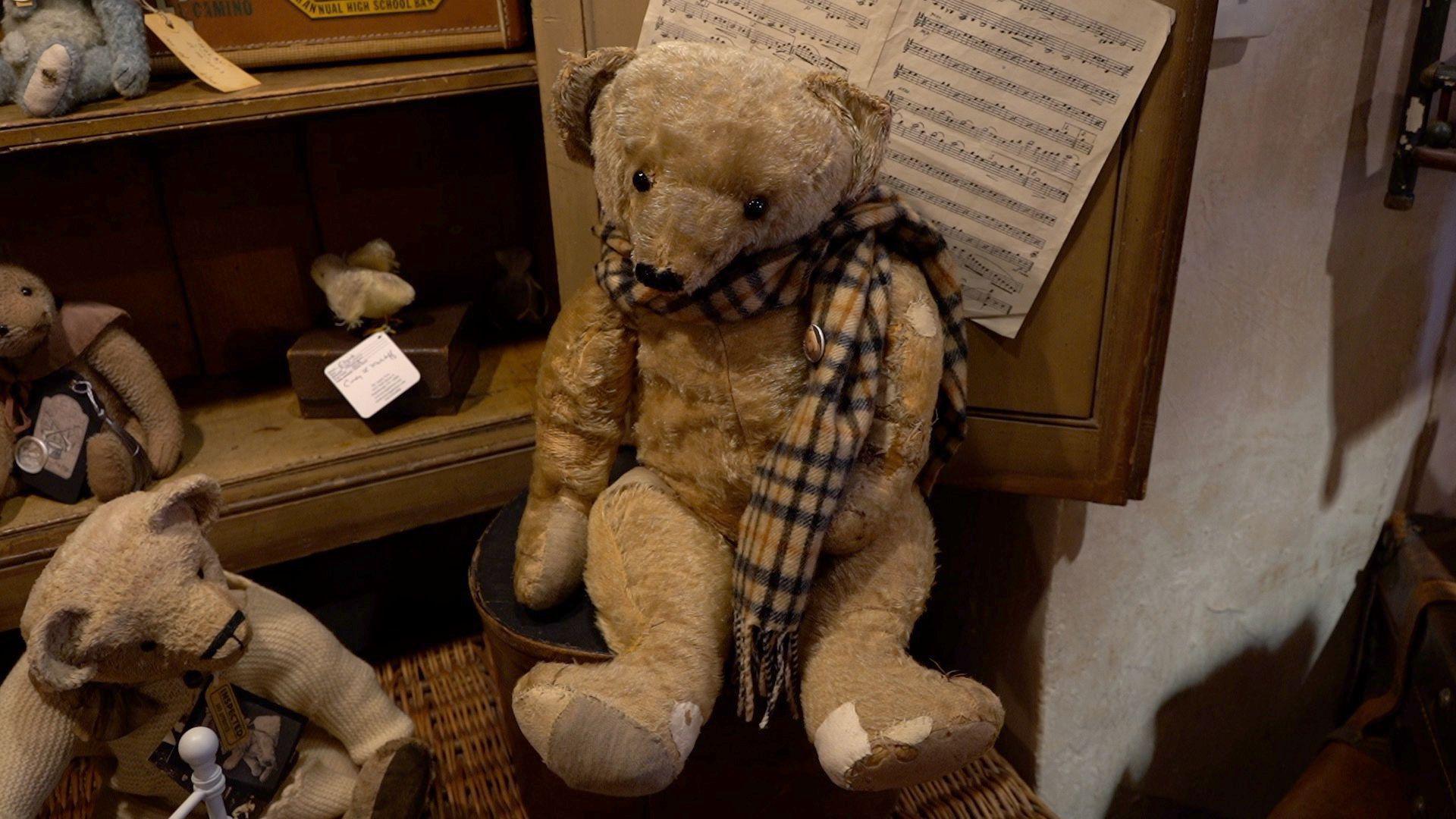 Aloysius in the shop among other toys. He is placed on top of a basket and there are other stuffed toys on a shelf behind him. There is a sheet of music on the cabinet door behind him.