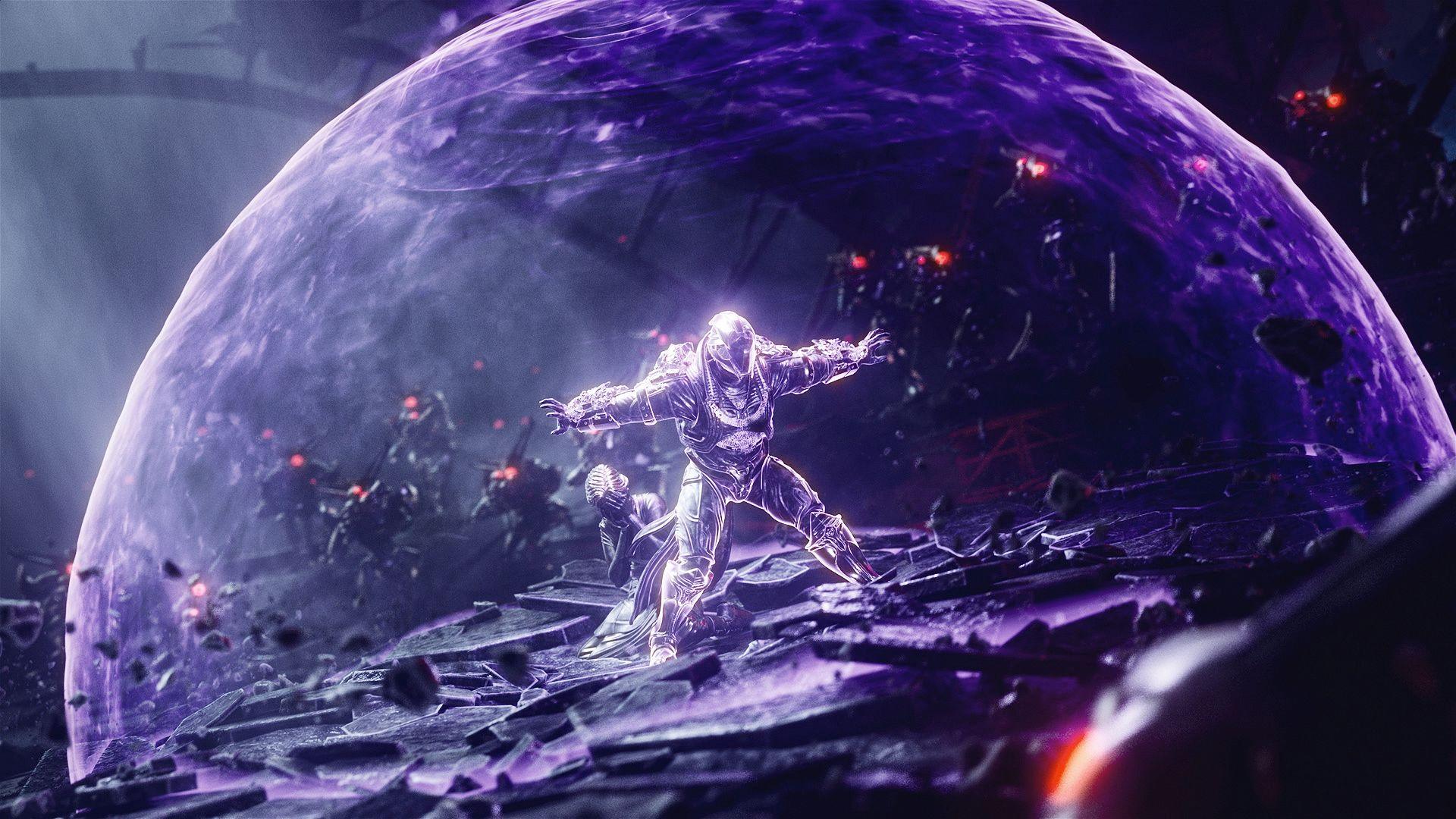 A gameplay screenshot shows a character glowing purple with their arms outstretched at the sides at shoulder heightas a translucent purple sphere forms around them. Outside the sphere giant, black, robotic insects with glowing red eyes attempt to break down the barrier.