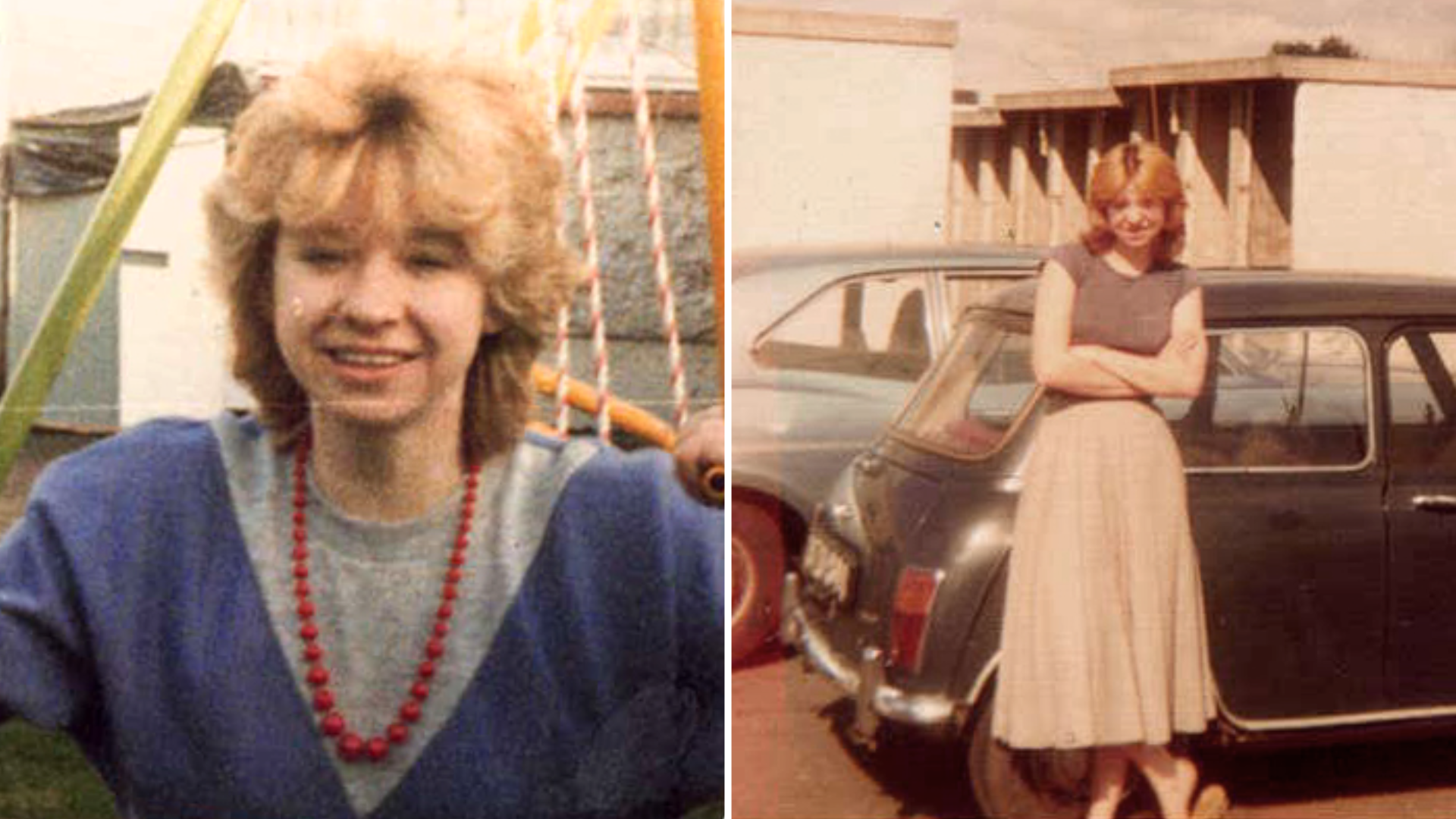 Kathleen Richards in two side-by-side images of her as a teenager. She is wearing a blue and grey jumper and a red bead necklace on the left and she has shoulder-length curly blonde hair. In the image on the right she is standing in front of a black mini which is parked next to another car. It is sunny and she is squinting slightly at the sun. Her arms are folded and she is smiling while leaning against the mini. She is wearing a grey T-shirt and light-coloured long skirt.