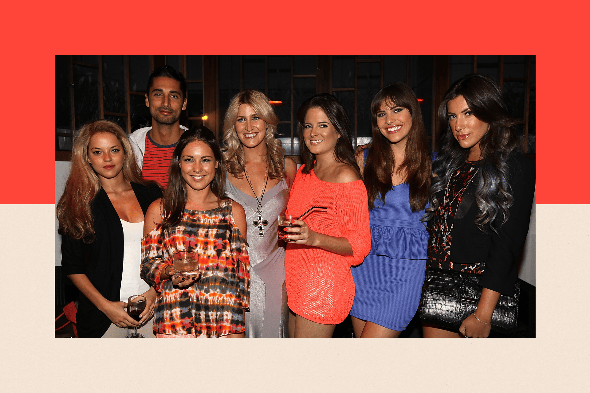 Seven cast members from early seasons of Made in Chelsea pose for a photograph