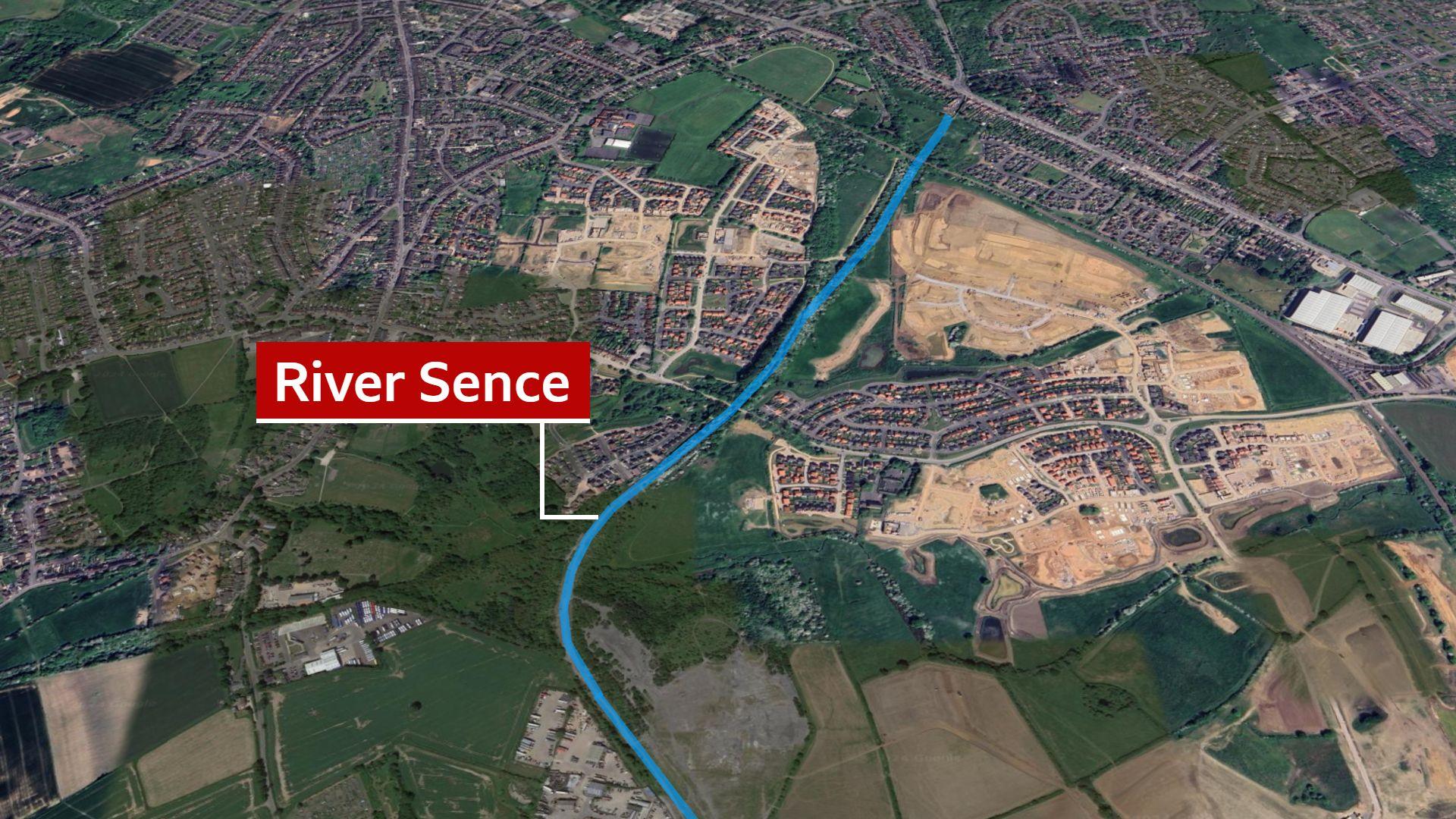 A satellite image showing the River Sence and housebuilding alongside it.