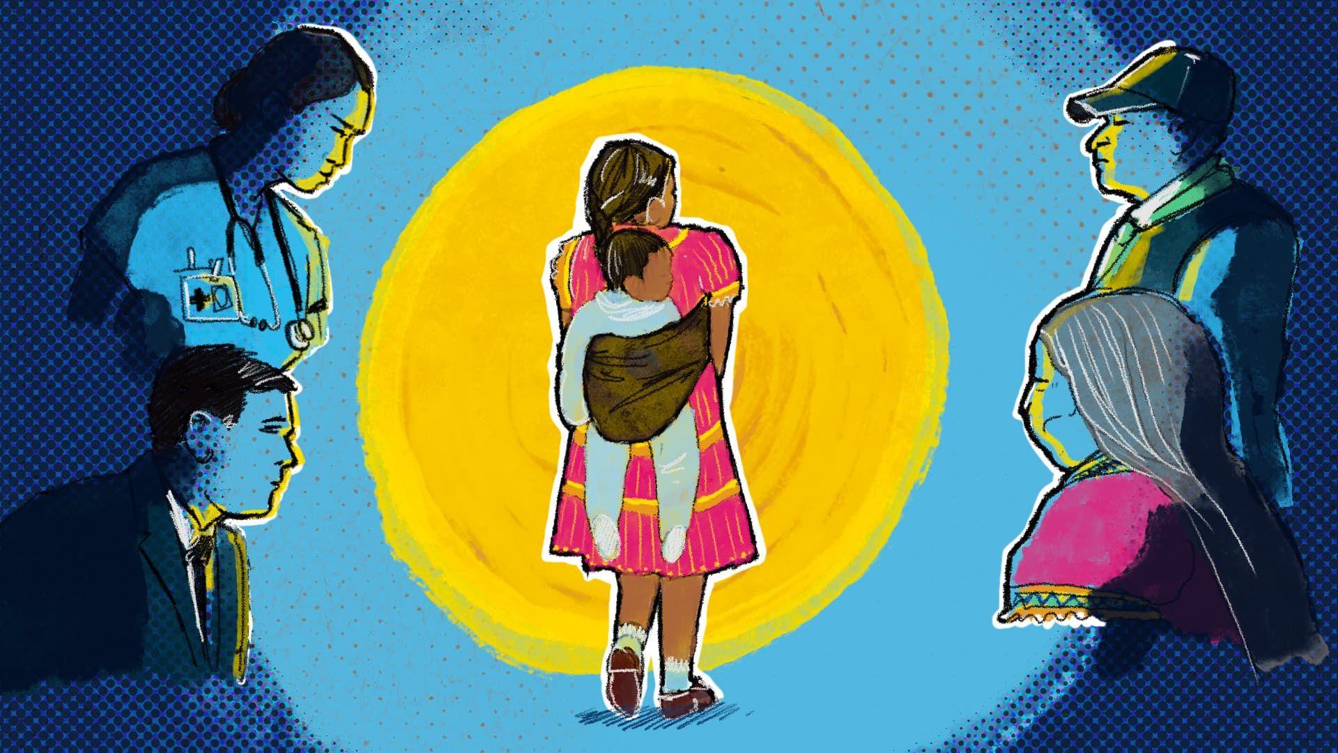 An illustrated woman wearing a pink and yellow dress carries a child on her back, at the centre of a stylised background with a large yellow circle in the middle and then a light blue circle around that. Surrounding her are four other illustrated people, including a medical professional with a stethoscope and individuals in civilian clothing, suggesting attention from healthcare, government and community figures.