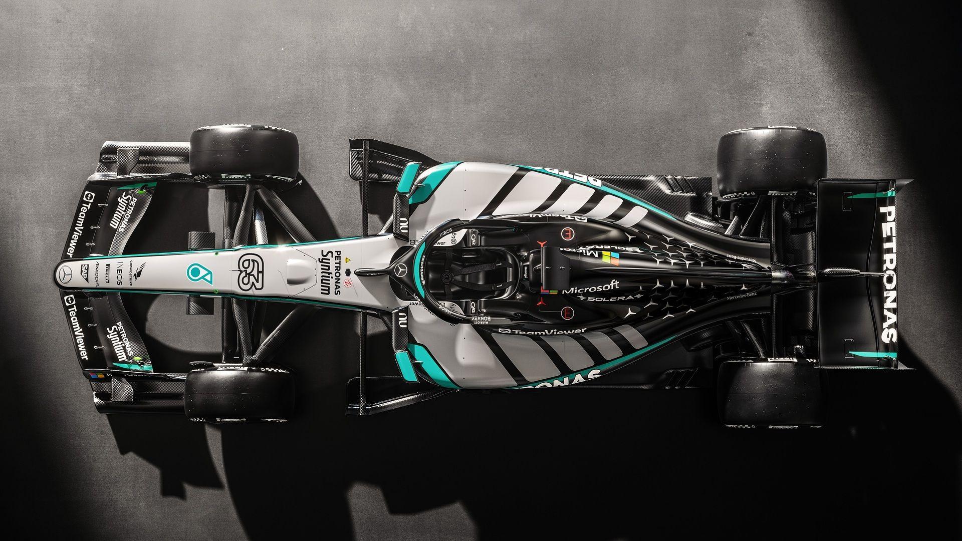 An aerial graphic image of the 2026 Mercedes F1 car
