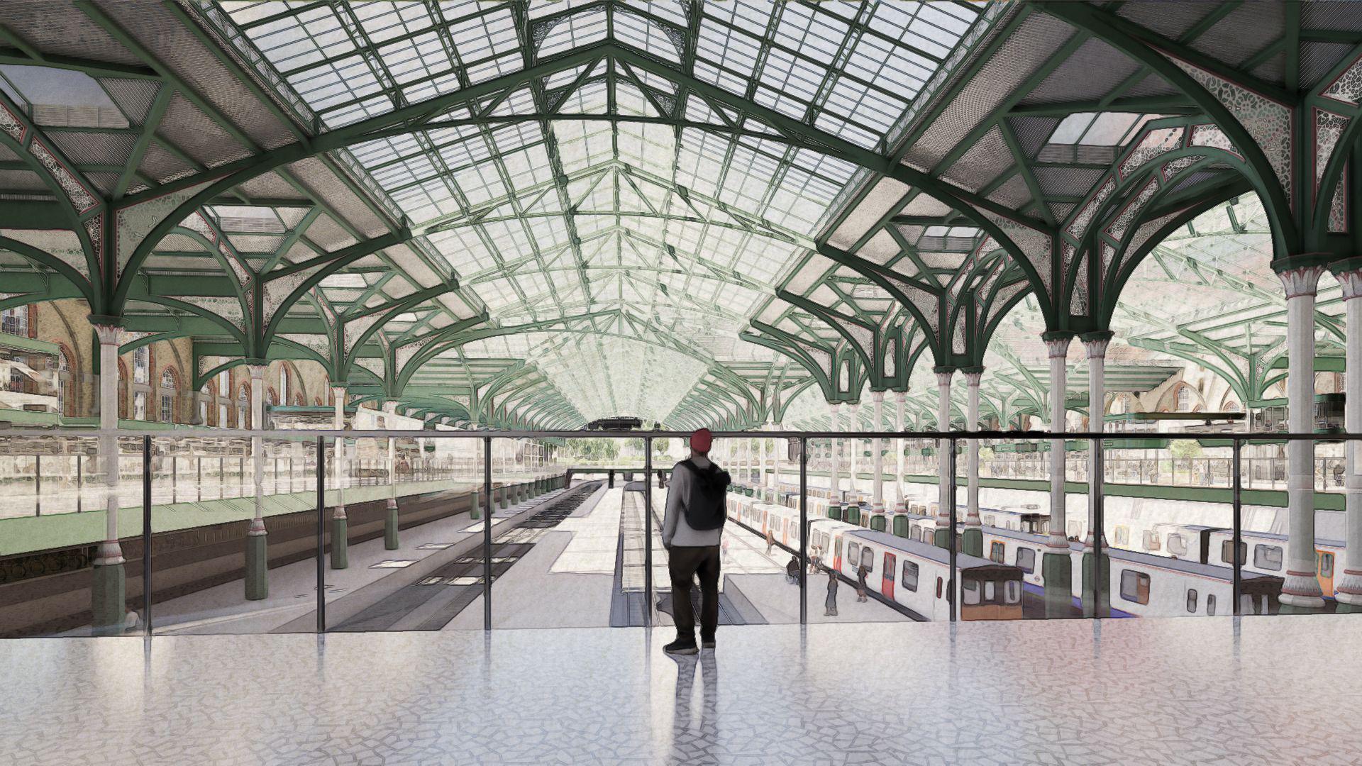 An artist's impression of the upper level inside Liverpool Street Station, with green and white beams, glass barriers and white floors