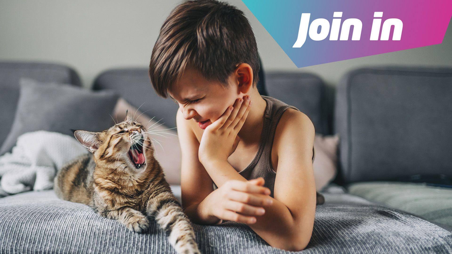 Boy with his cat yawning and a graphic in the top right hand corner saying join in 