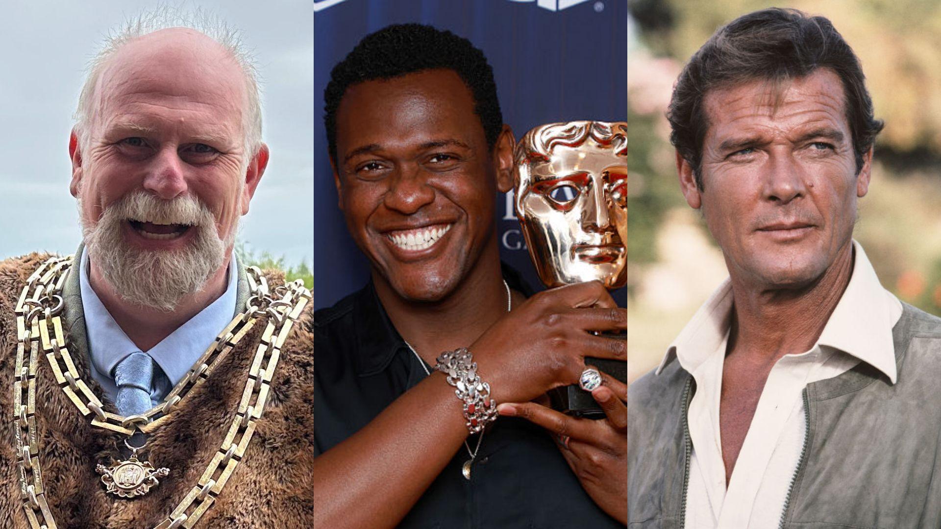 Three images of three different people. On the left a mayor with gold chains and a white beard, a young man holds a Bafta in the middle, roger Moore on the right 