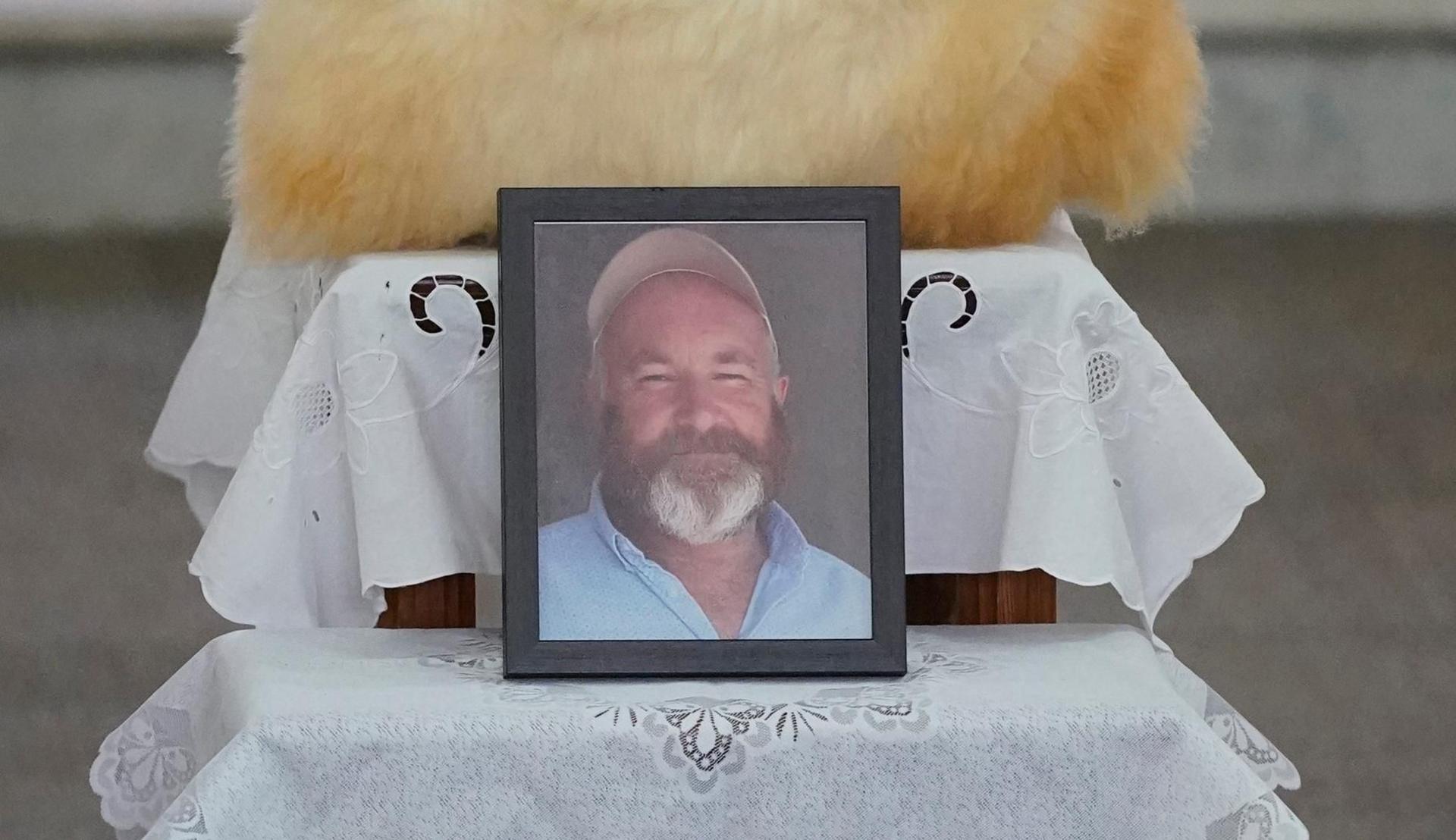 A photo of murdered Co Kerry farmer Michael Gaine on display during his funeral at the Holy Cross Church in Kenmare. Picture date: Saturday June 7, 2025. PA Photo. See PA story FUNERAL Gaine. Photo credit should read: Niall Carson/PA Wire