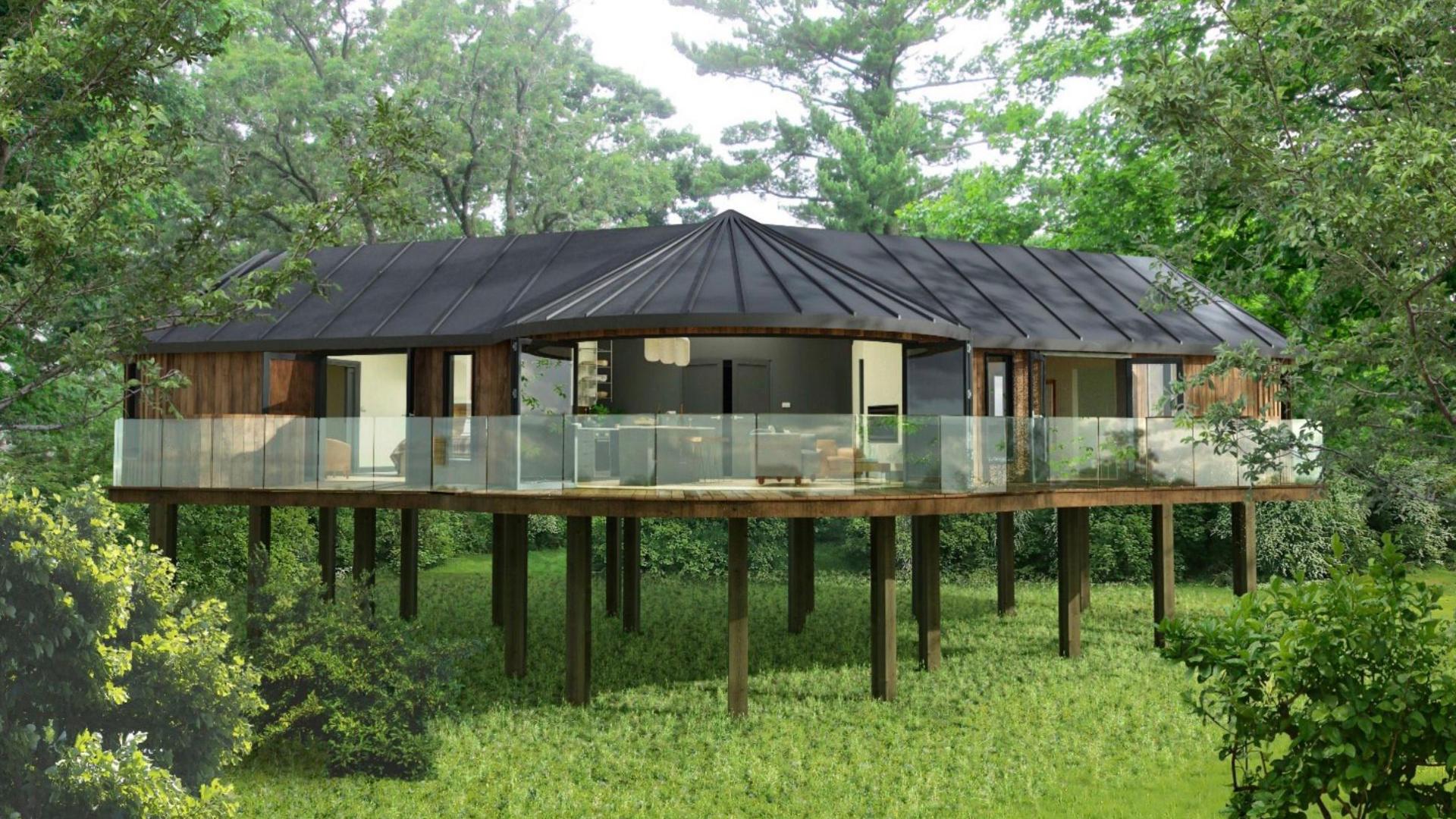 A generated digital image of a tree house suite in a forest.