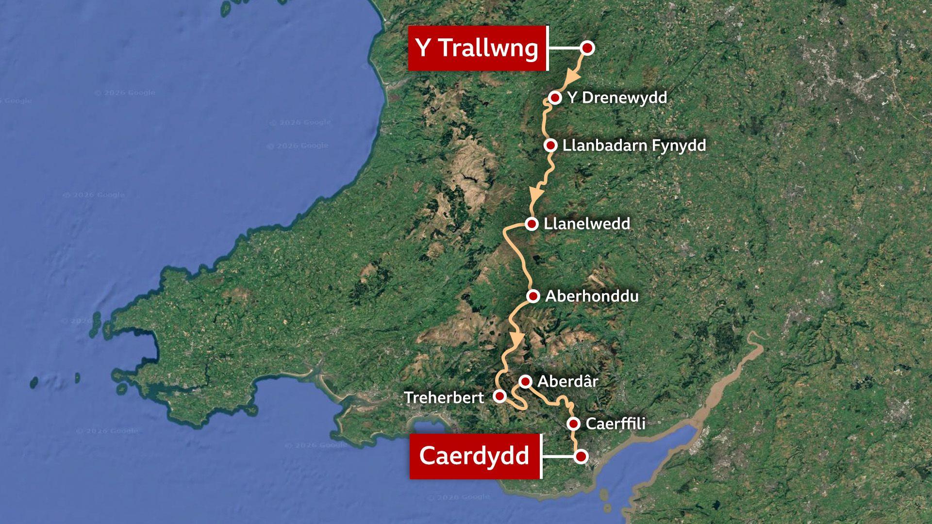 Map o lwybr trydydd cymal y Tour de France yn 2027