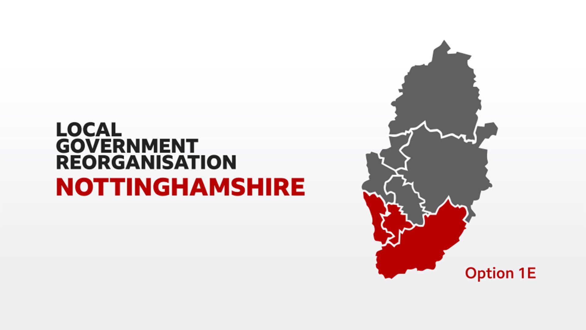 A generated map showing the boundaries of Nottinghamshire with Option 1E written next to it. A large part of the south of Nottinghamshire is shaded in red