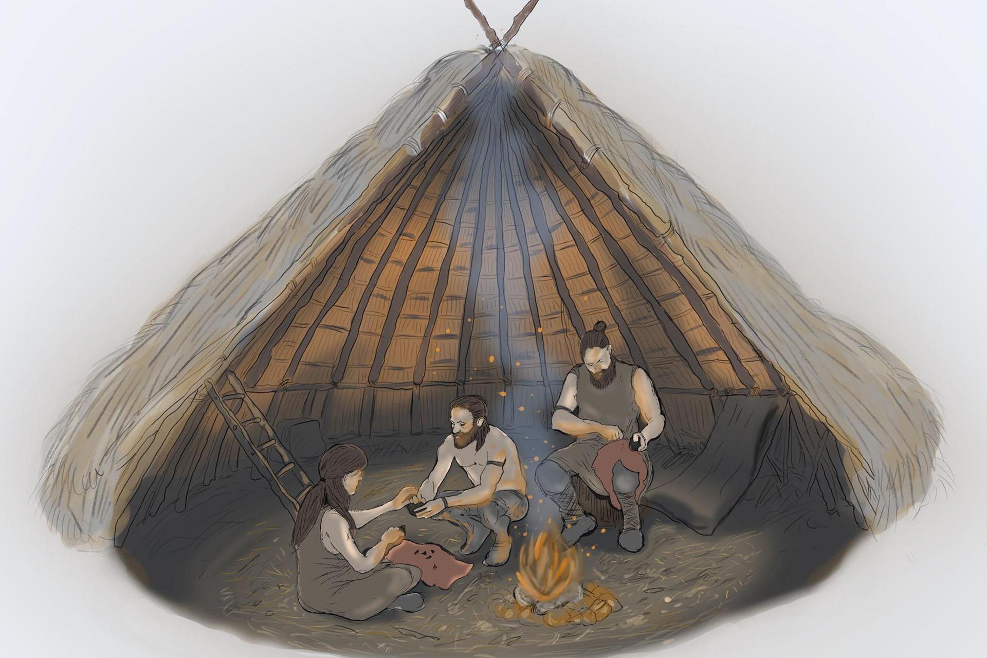 The illustration showing the reconstruction of the Mesolithic hunter gatherer encampment at Guardbridge shows a cut away of a small, round thatched tent. Three hunter gatherers are working inside beside a camp fire.