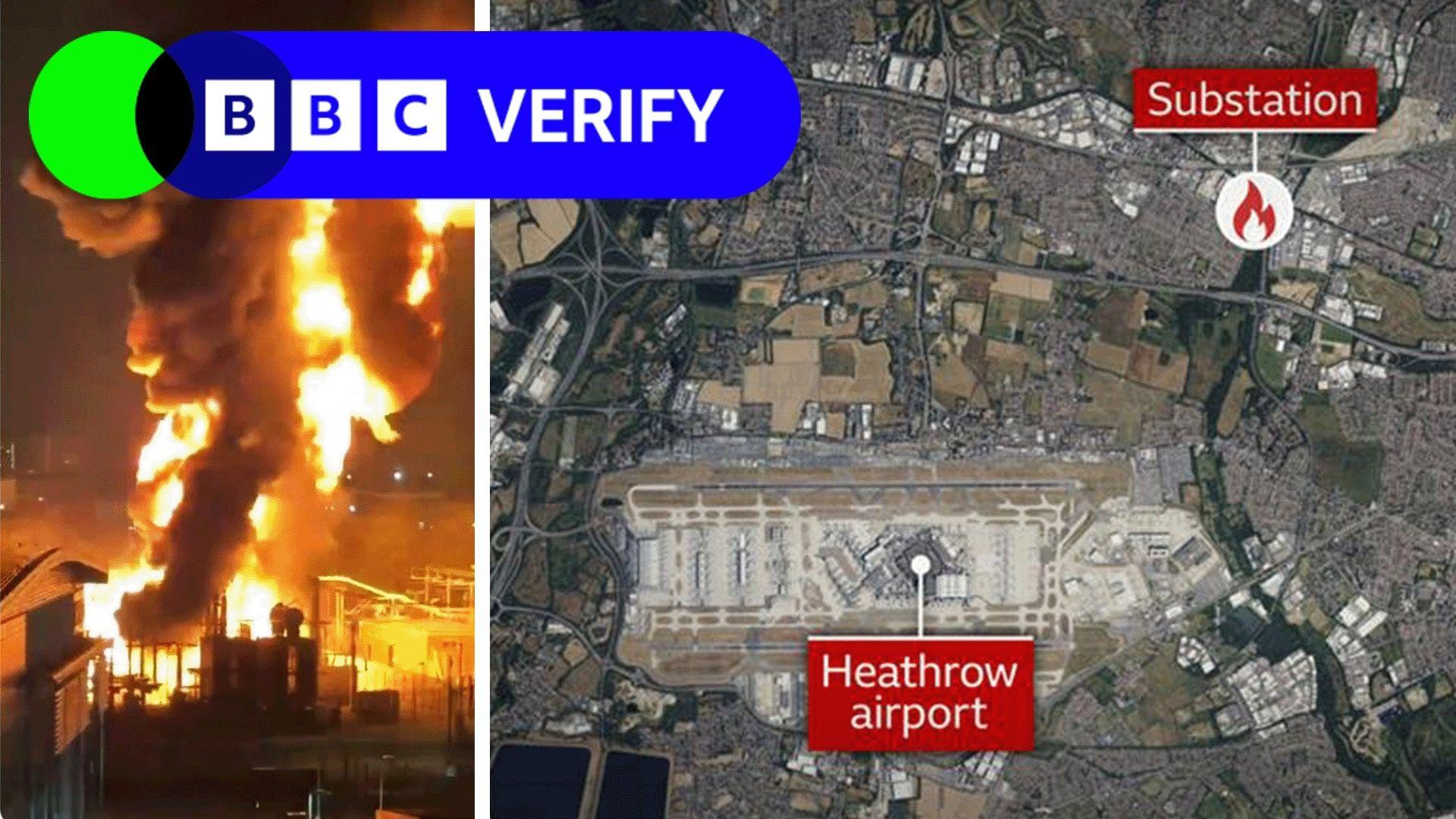 A composite image. On the left there is an image from a video which shows a fire and smoke billowing from an electrical substation. On the right is a map which shows the substation is nearby Heathrow airport