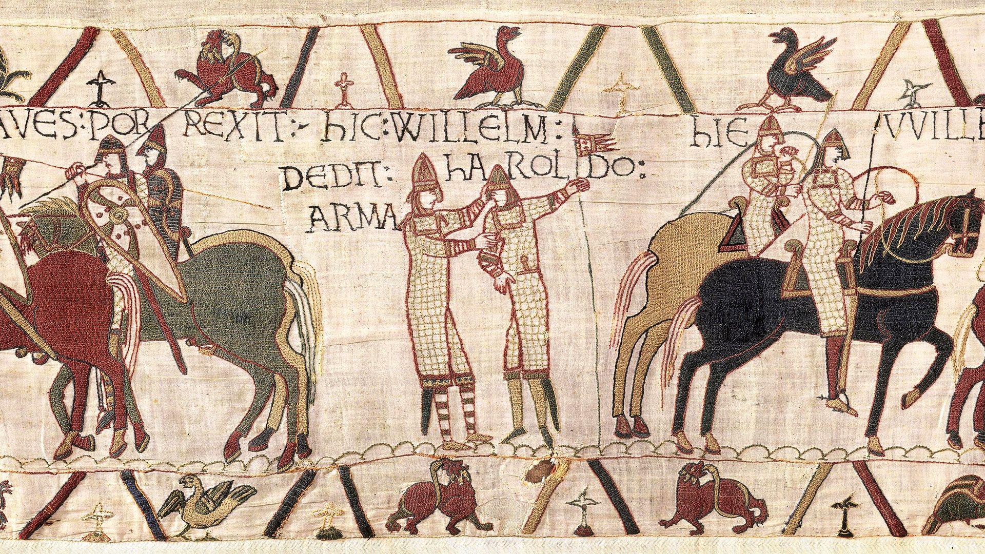A wide crop of a scene involving knights on horses and the two men in the centre embracing, with lines and birds around them with fabric texture detail.