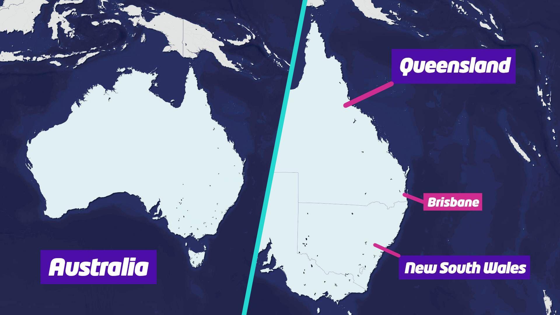 Map graphic. On the left, a map of Australia shown on a blue background. On the right a closer view of the east coast of Australia, depicting the boudnaries between territories. New South Wales and Queensland are labelled in blue. The city of Brisbane is labelled in pink.  