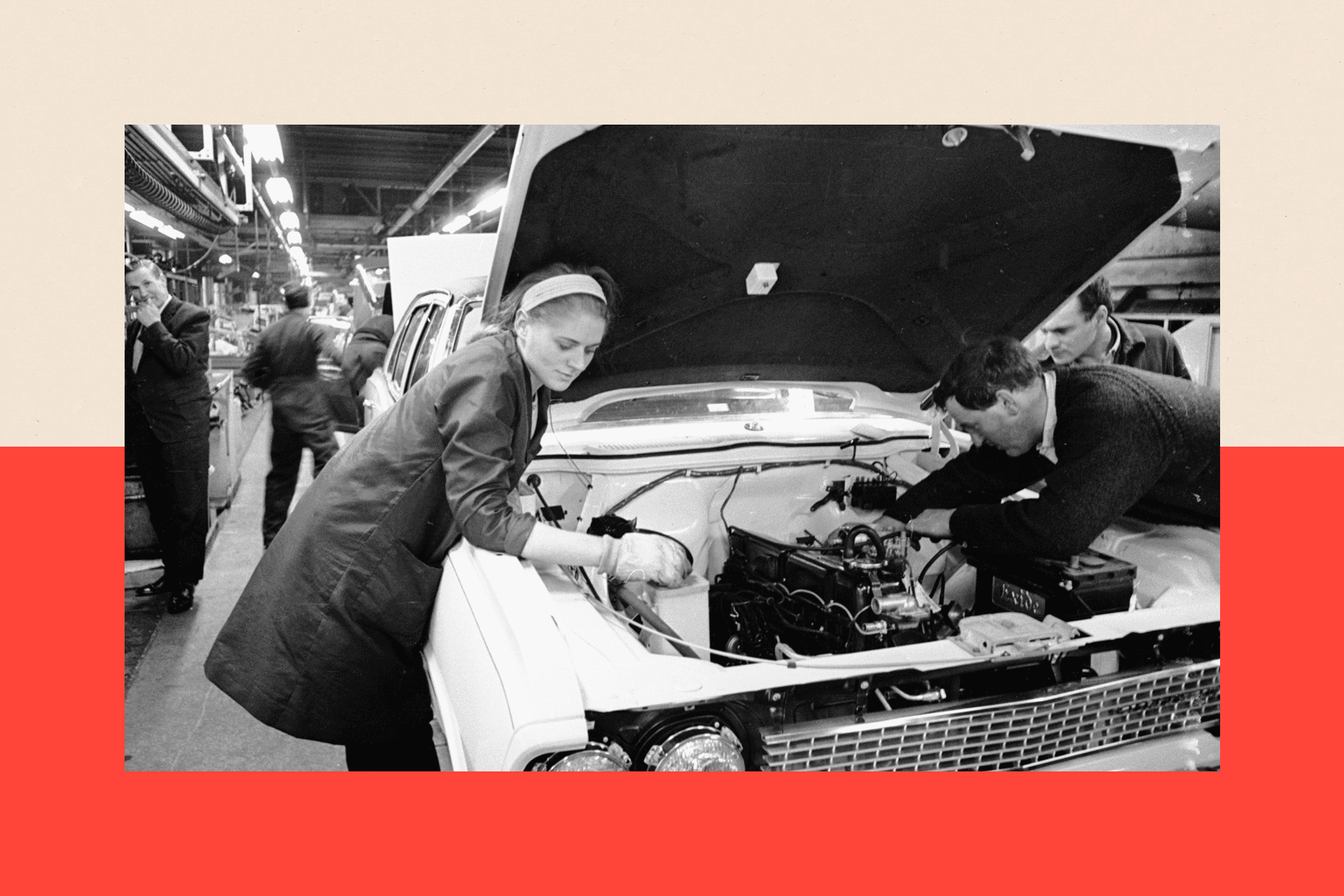 People working on the Vauxhall Victor production line at the Vauxhall motor factory in Luton, Bedfordshire in 1968
