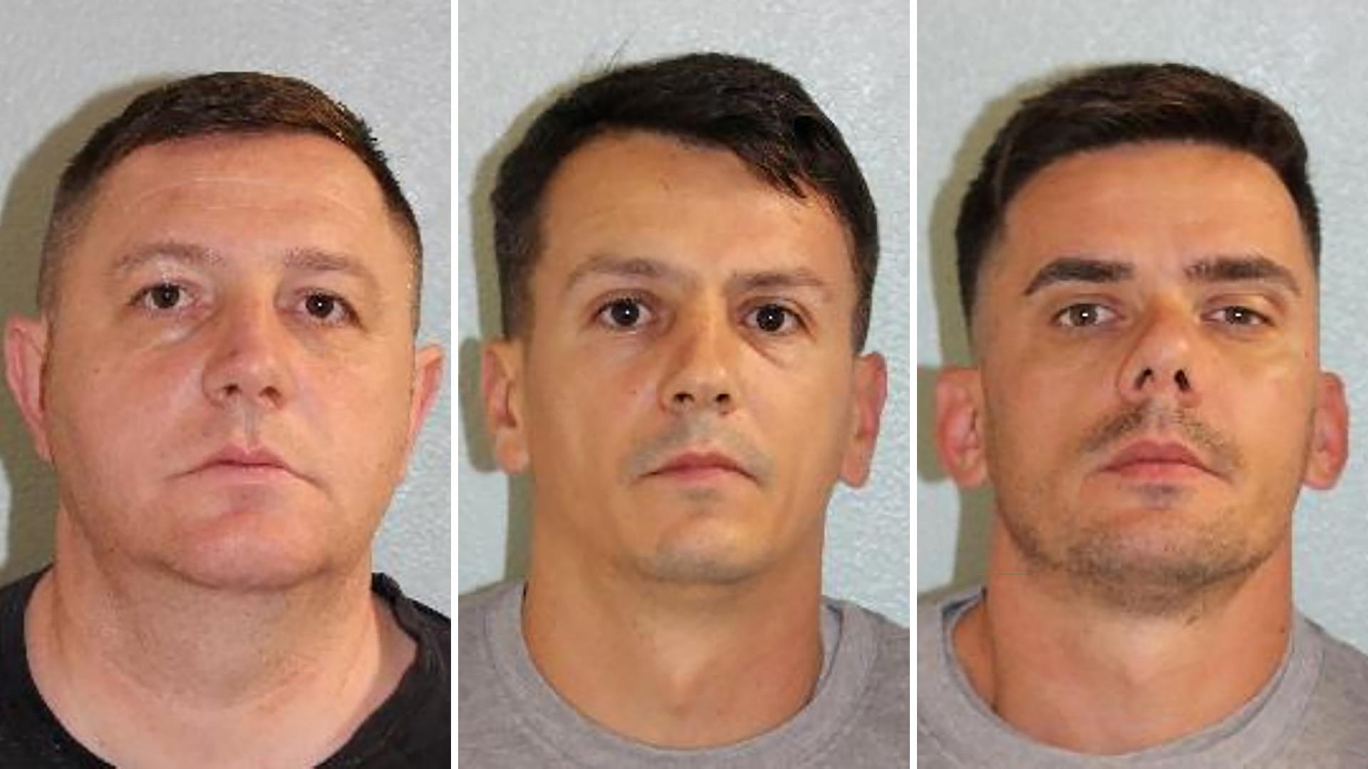 A composite image of three police mugshots side-by-side against grey backgrounds. From left to right: Sergiu Plastin, a man with short dark brown hair wearing a black top; Laurentiu-Daniel Nitisoara, a man with dark hair parted to the side wearing a grey top; and Ioan Asafeti, a man with short dark hair, light facial stubble, and a slight goatee wearing a grey top. All three face forward with neutral expressions.